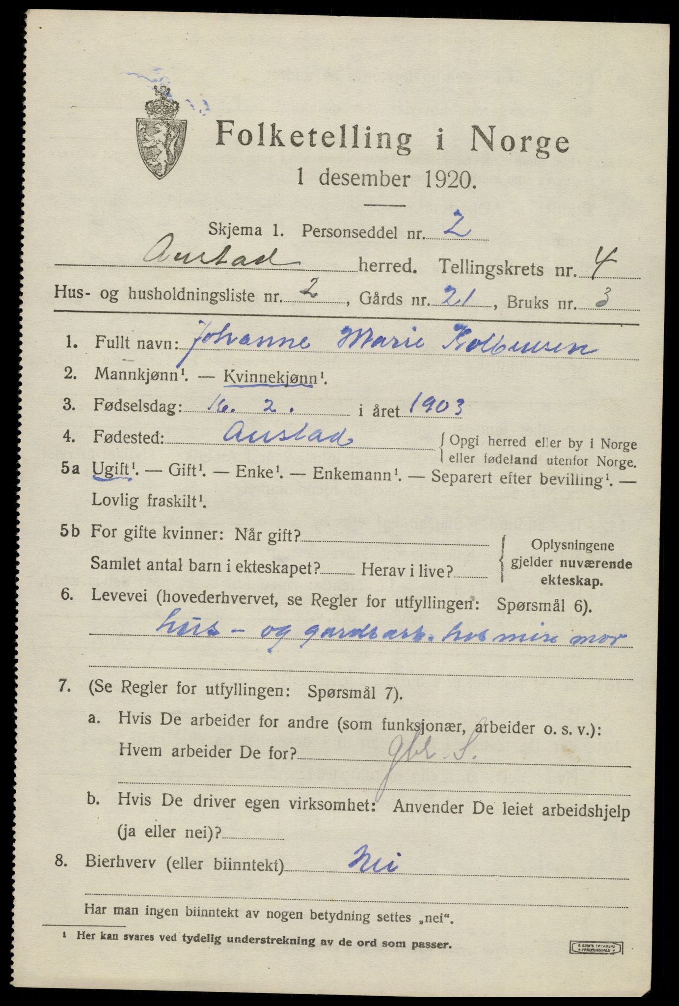 SAK, Folketelling 1920 for 1031 Austad herred, 1920, s. 1425