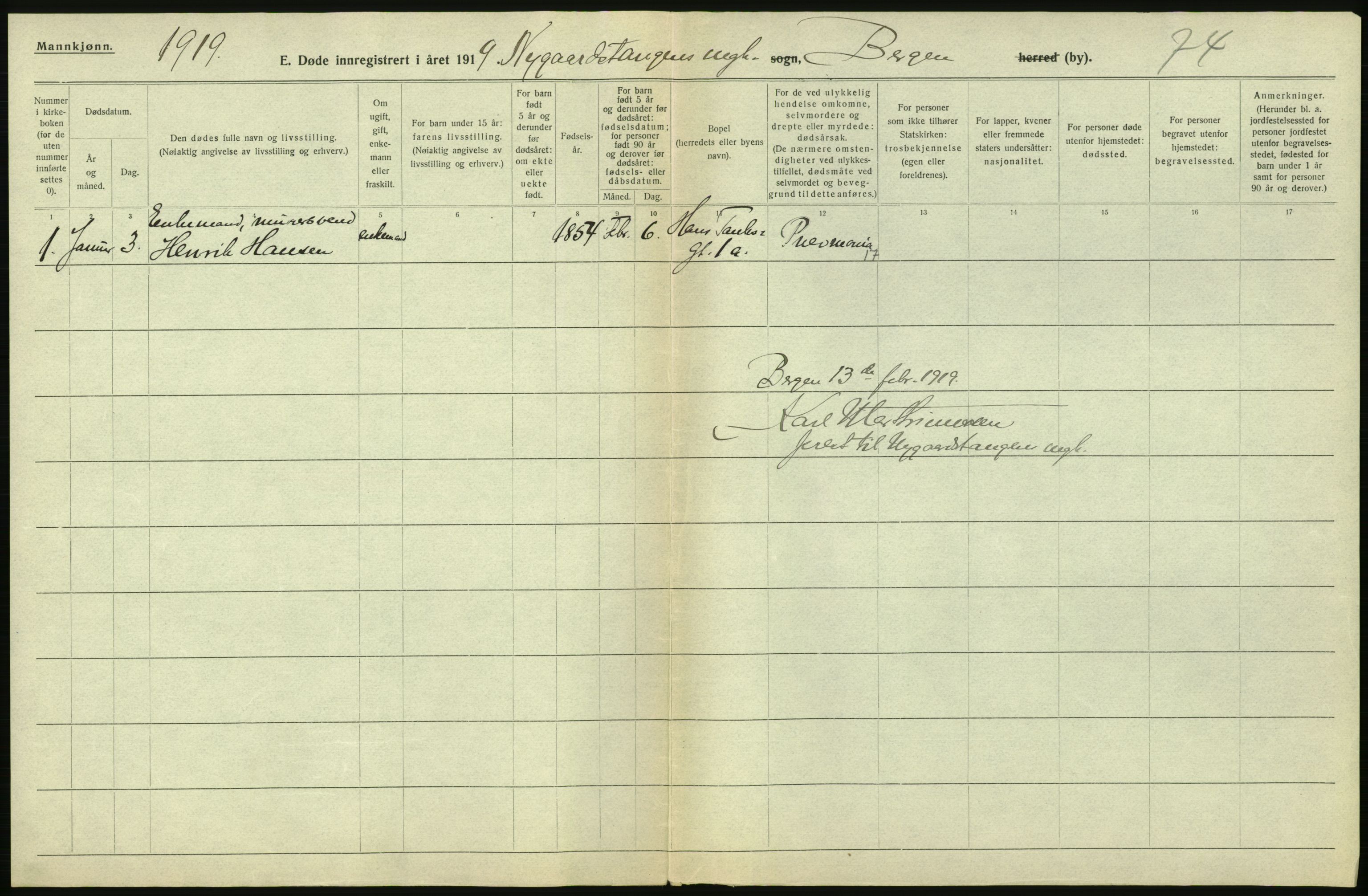 Statistisk sentralbyrå, Sosiodemografiske emner, Befolkning, AV/RA-S-2228/D/Df/Dfb/Dfbi/L0035: Bergen: Gifte, døde, dødfødte., 1919, s. 298