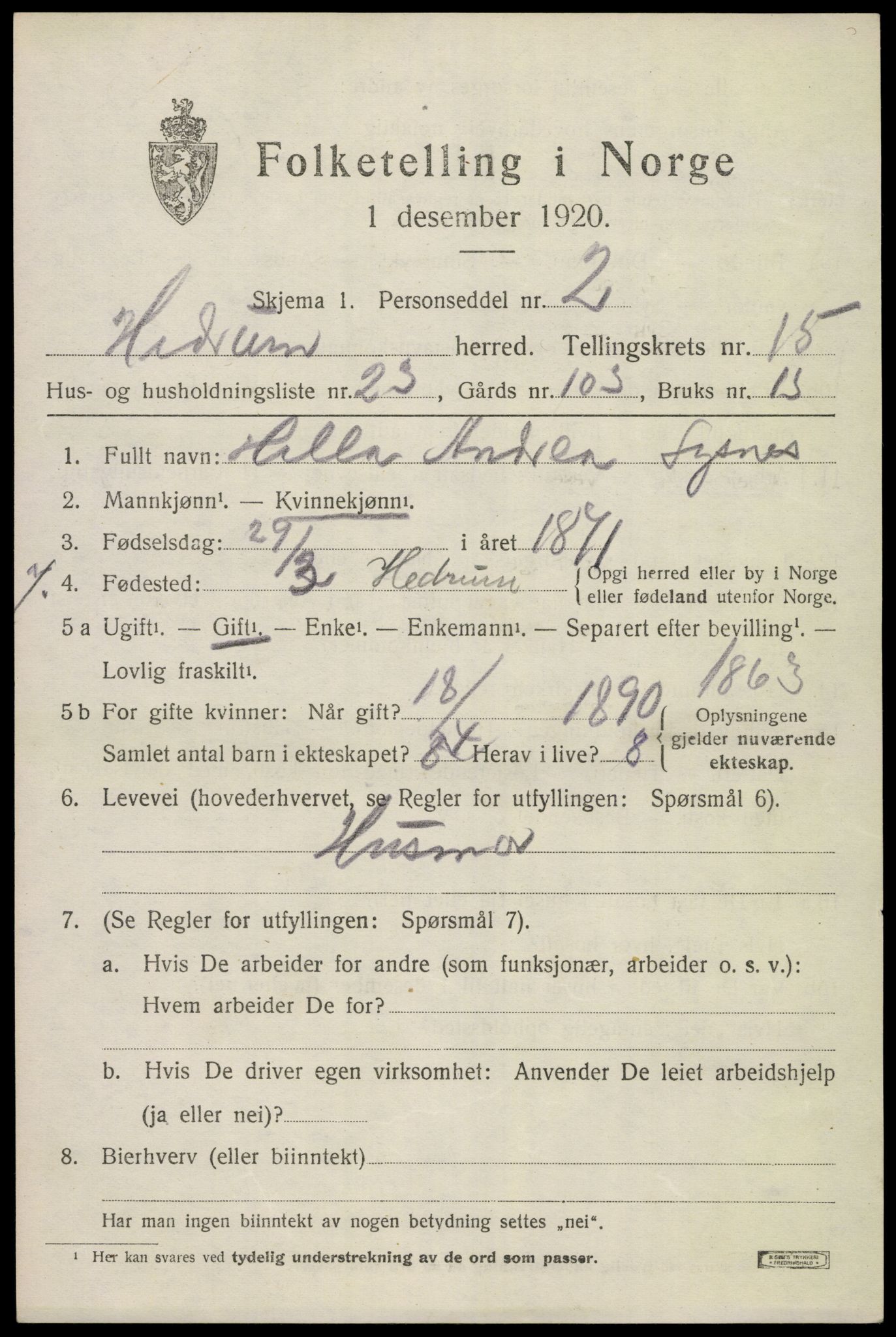 SAKO, Folketelling 1920 for 0727 Hedrum herred, 1920, s. 10201