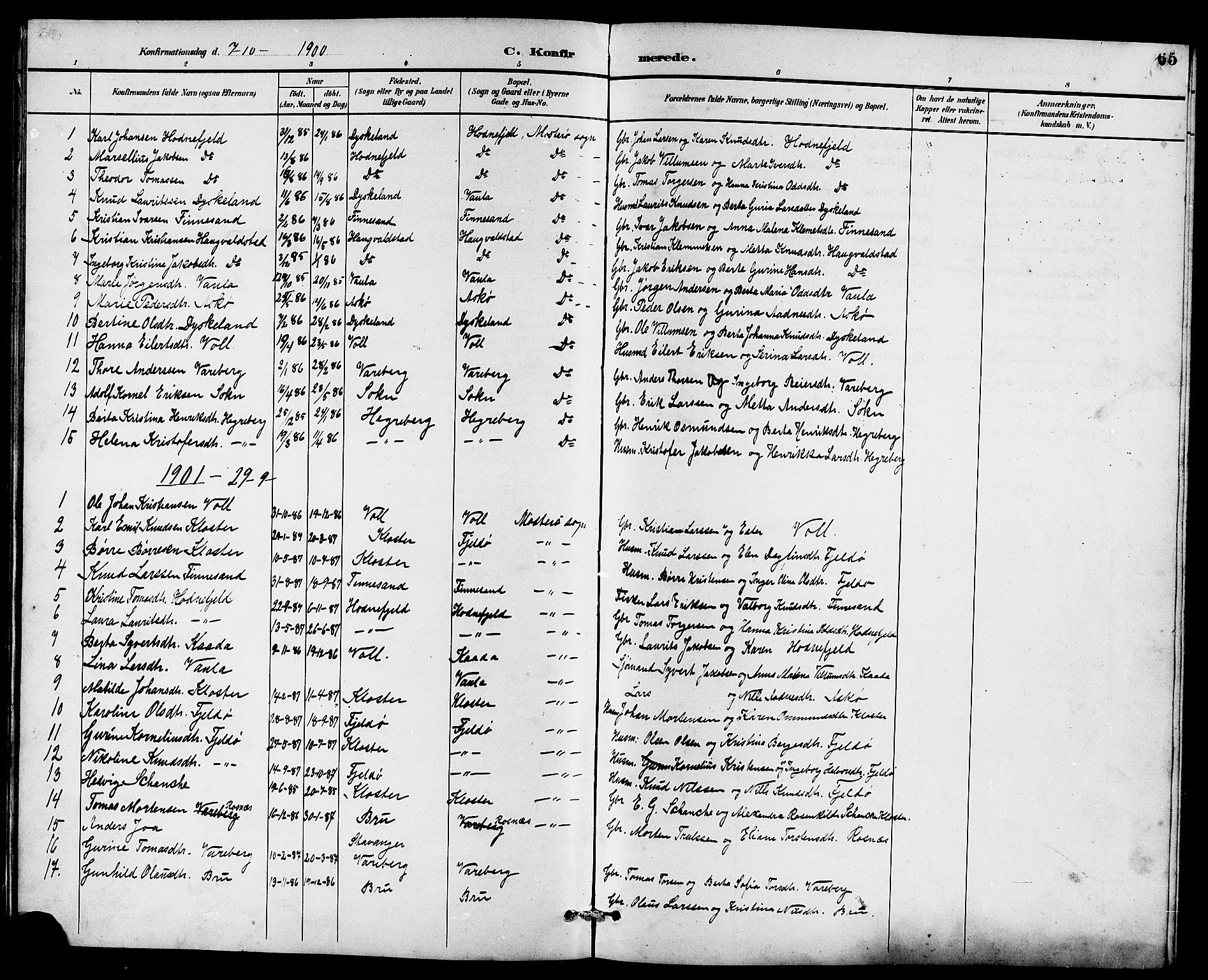 Rennesøy sokneprestkontor, AV/SAST-A -101827/H/Ha/Hab/L0011: Klokkerbok nr. B 10, 1891-1908, s. 65