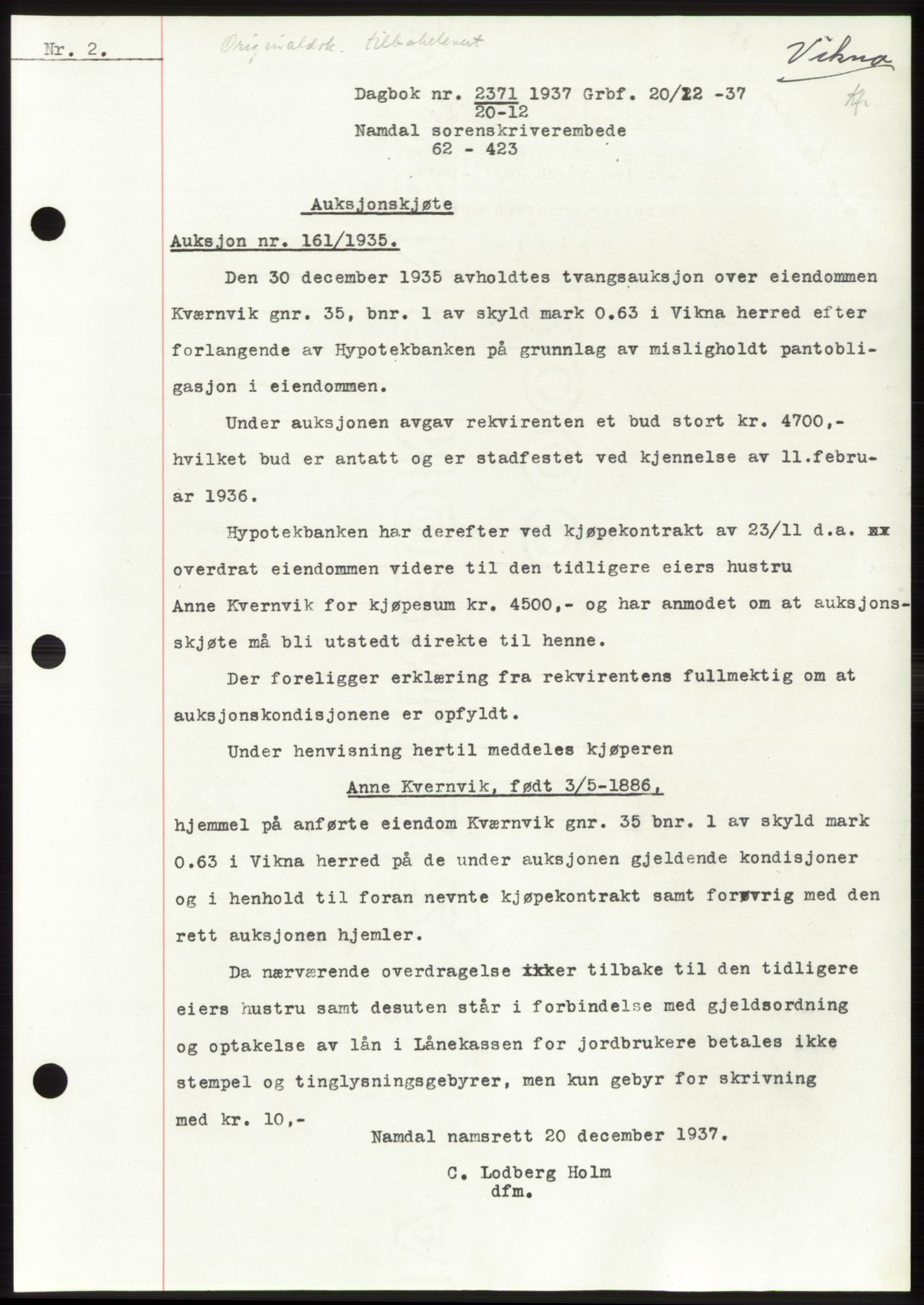 Namdal sorenskriveri, SAT/A-4133/1/2/2C: Pantebok nr. -, 1937-1939, Tingl.dato: 20.12.1937