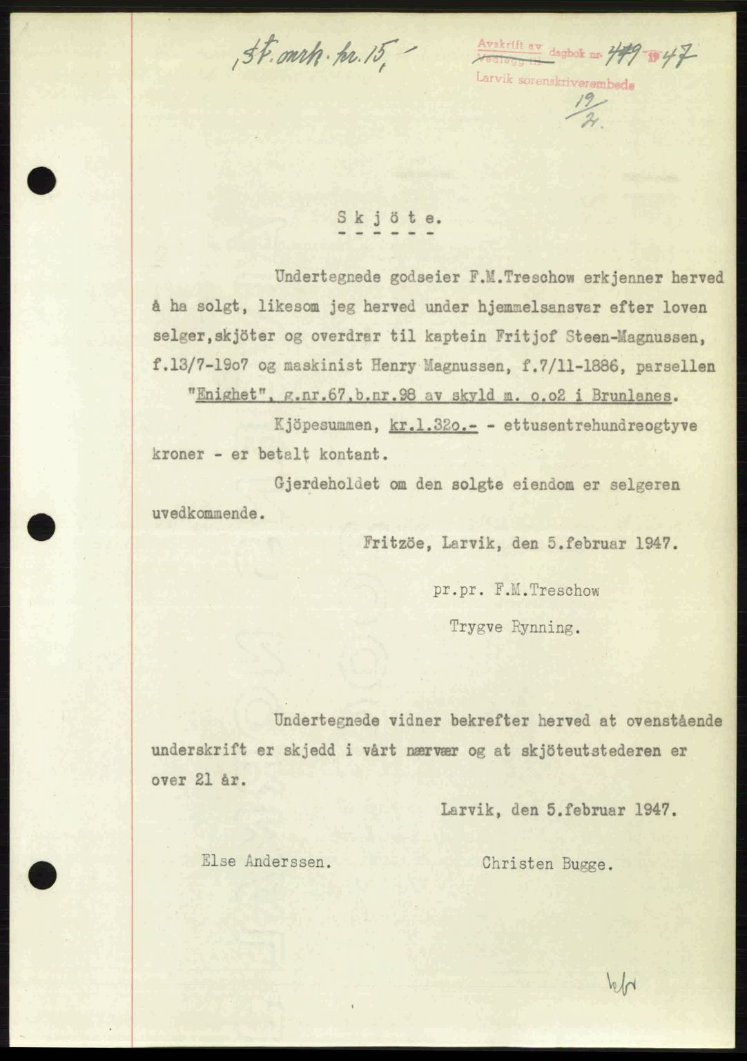Larvik sorenskriveri, SAKO/A-83/G/Ga/Gab/L0083: Pantebok nr. A-17, 1946-1947, Dagboknr: 449/1947