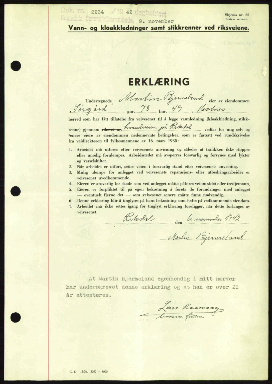 Romsdal sorenskriveri, SAT/A-4149/1/2/2C: Pantebok nr. B2, 1939-1945, Dagboknr: 2234/1942