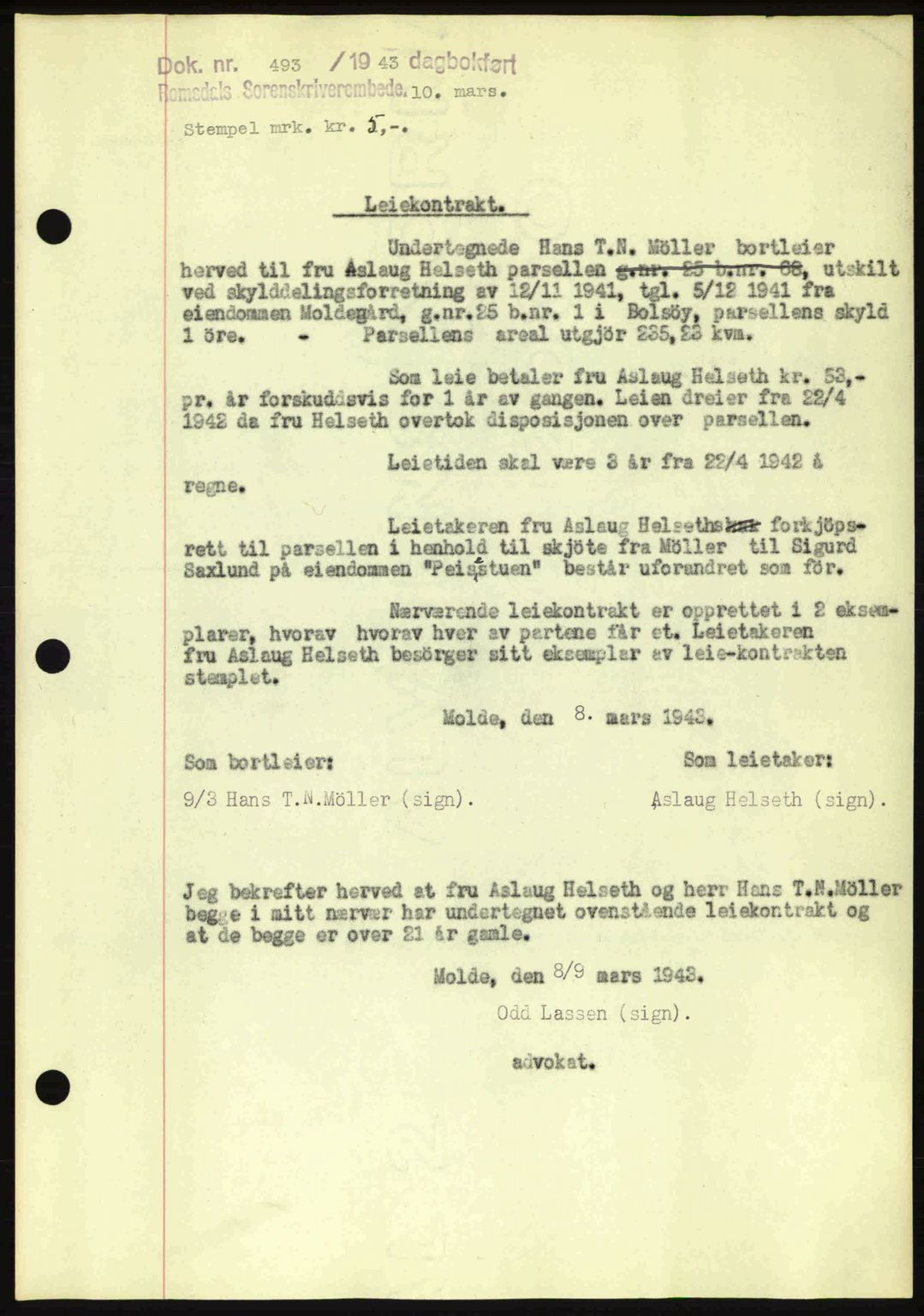 Romsdal sorenskriveri, SAT/A-4149/1/2/2C: Pantebok nr. A14, 1943-1943, Dagboknr: 493/1943
