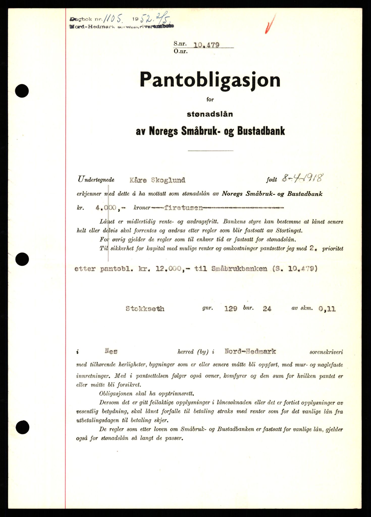 Nord-Hedmark sorenskriveri, SAH/TING-012/H/Hb/Hbf/L0025: Pantebok nr. B25, 1952-1952, Dagboknr: 1105/1952