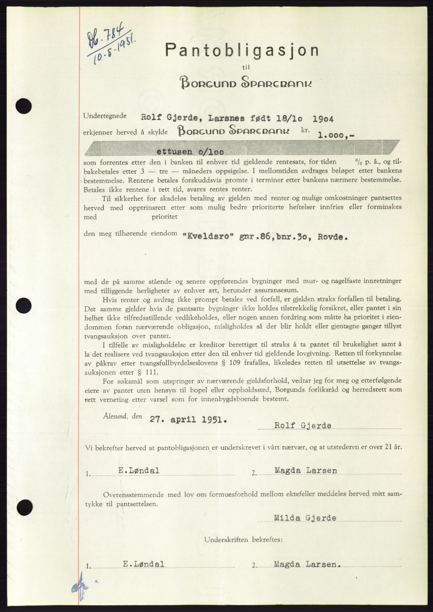 Søre Sunnmøre sorenskriveri, AV/SAT-A-4122/1/2/2C/L0120: Pantebok nr. 8B, 1951-1951, Dagboknr: 784/1951