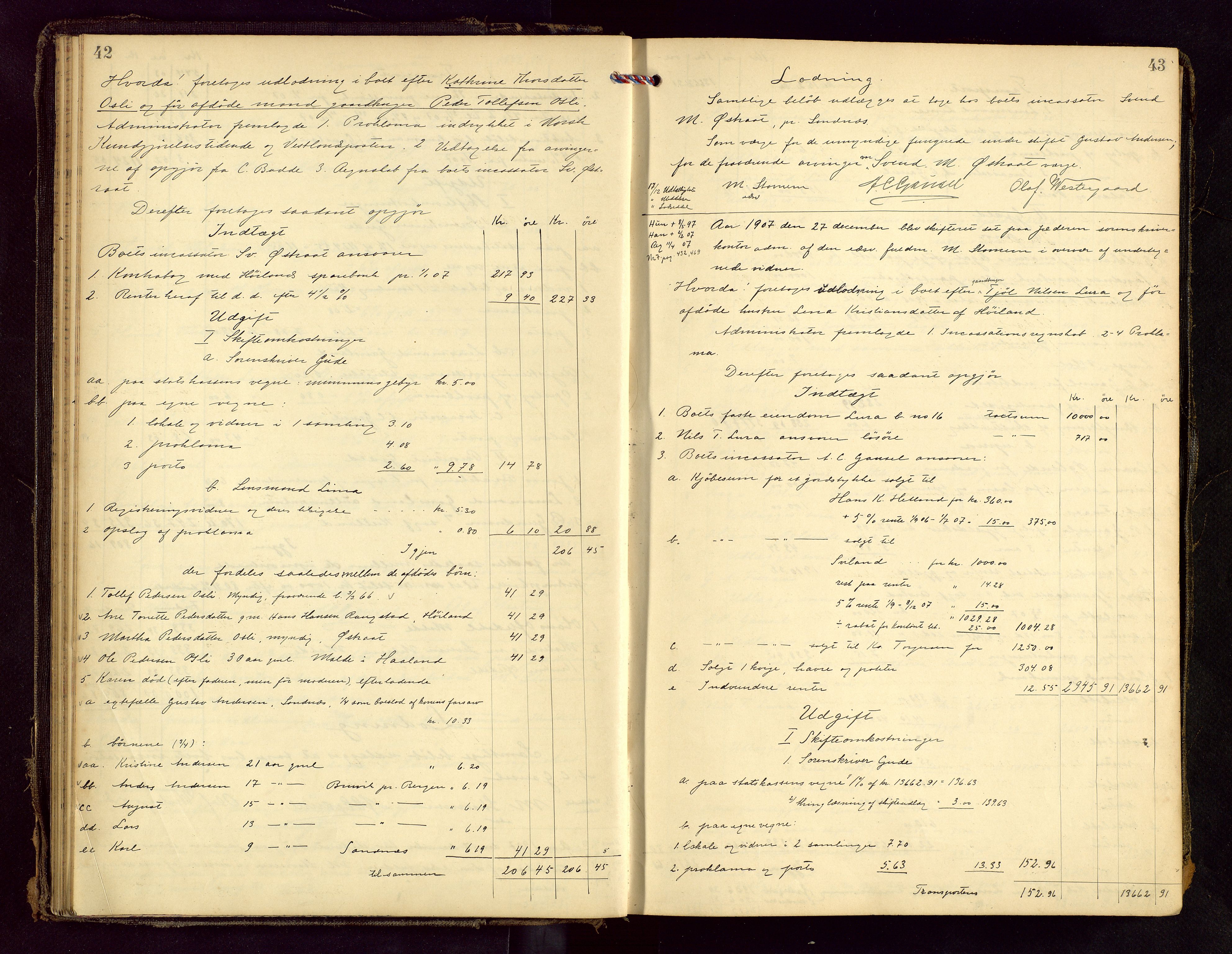 Jæren sorenskriveri, AV/SAST-A-100310/01/5/50/50BB/L0007: SKIFTEUTLODNINGSPROTOKOLL, 1907-1914, s. 42-43