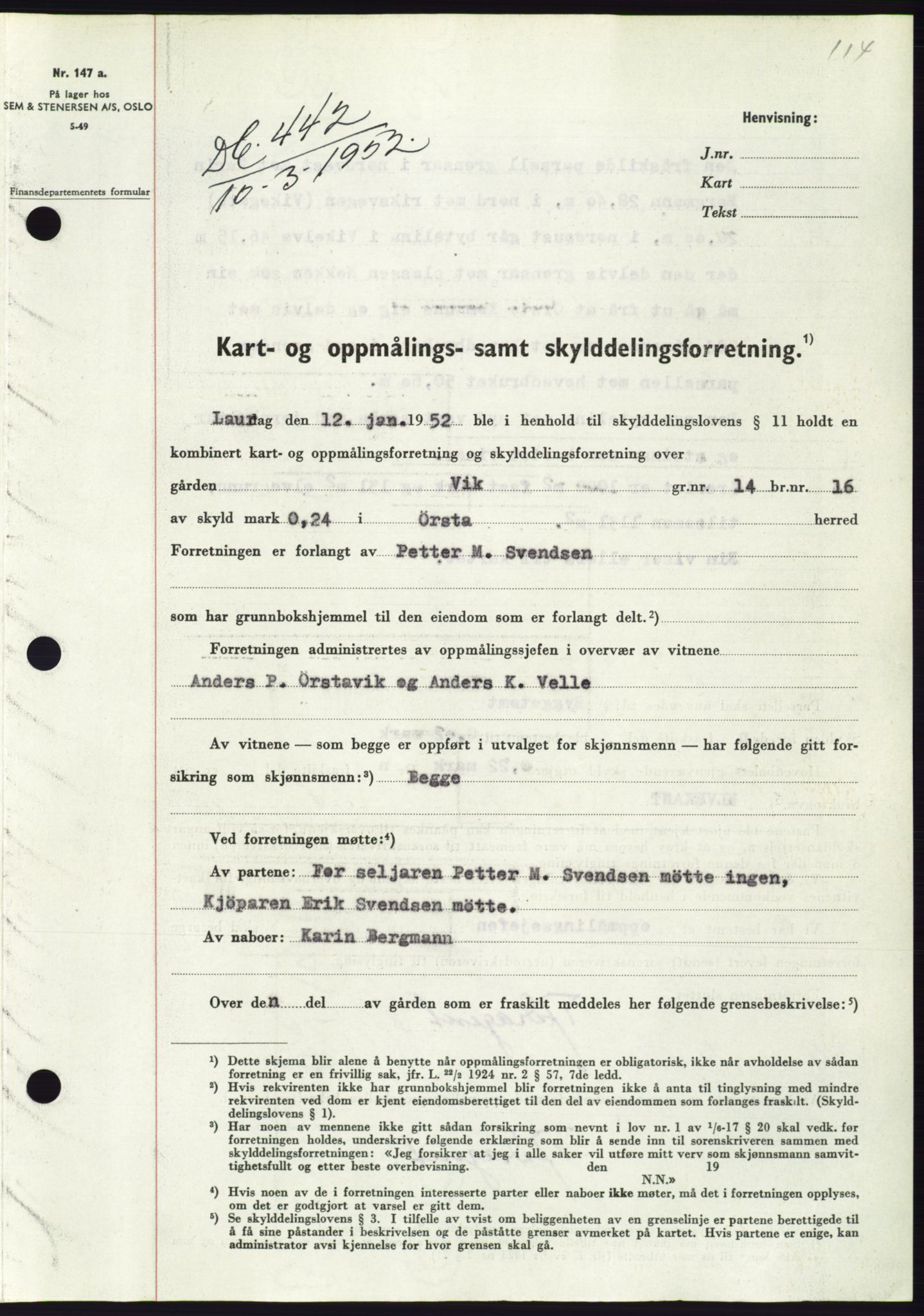 Søre Sunnmøre sorenskriveri, SAT/A-4122/1/2/2C/L0091: Pantebok nr. 17A, 1951-1952, Dagboknr: 442/1952