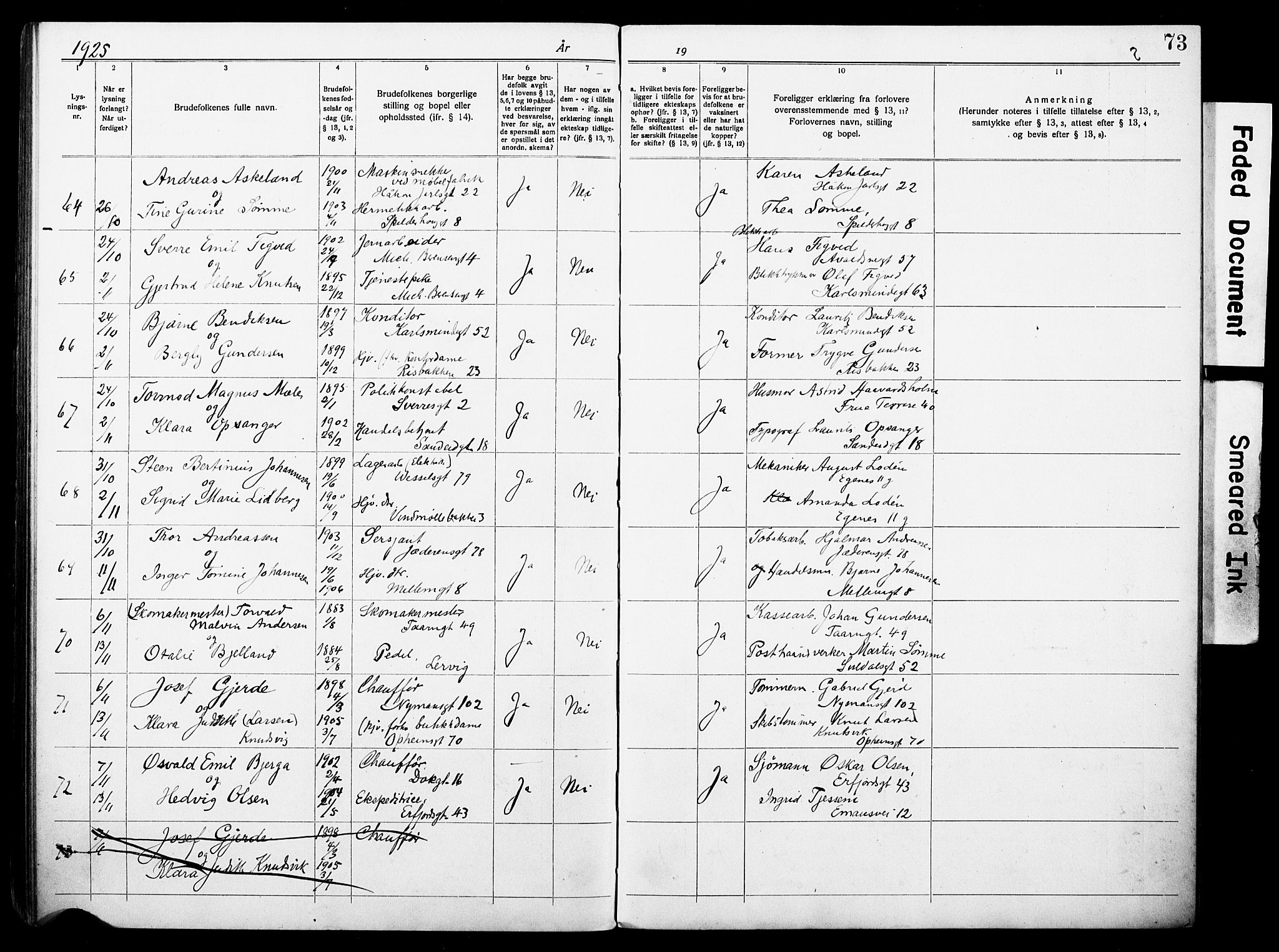St. Johannes sokneprestkontor, AV/SAST-A-101814/001/70/705BA/L0004: Lysningsprotokoll nr. 4, 1919-1928, s. 73