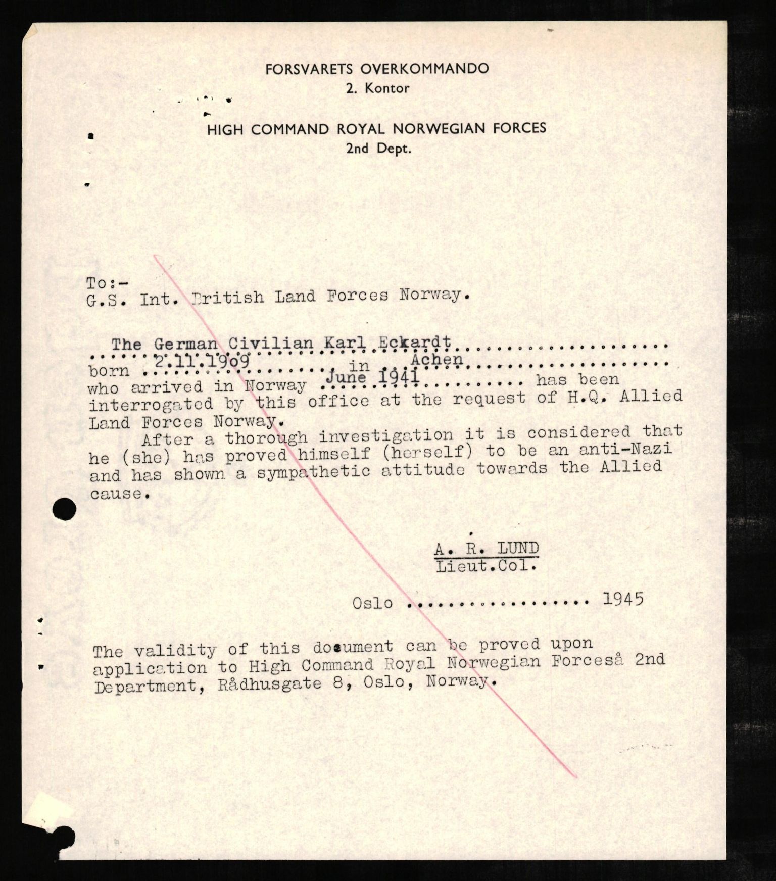 Forsvaret, Forsvarets overkommando II, AV/RA-RAFA-3915/D/Db/L0007: CI Questionaires. Tyske okkupasjonsstyrker i Norge. Tyskere., 1945-1946, s. 30