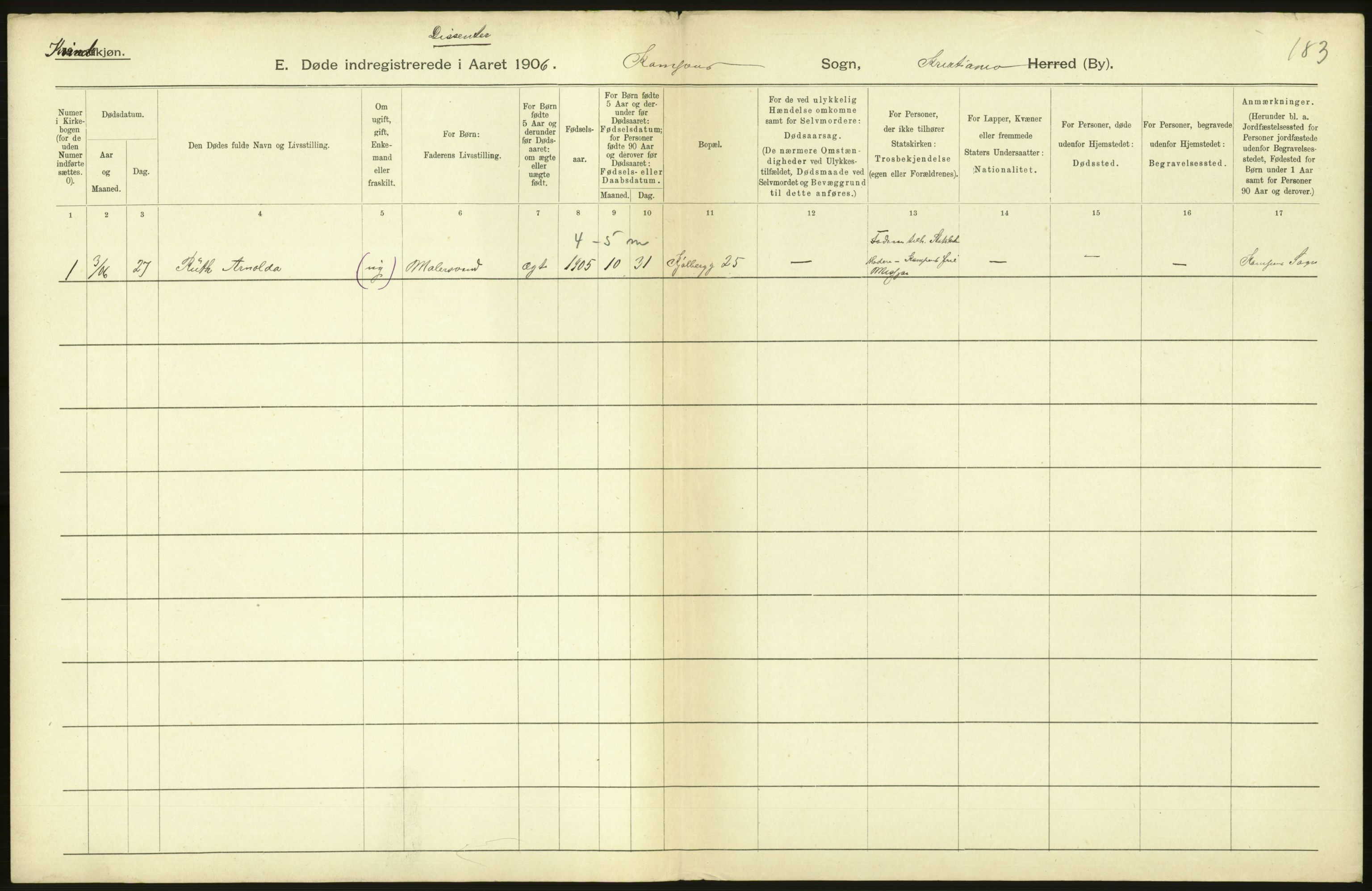 Statistisk sentralbyrå, Sosiodemografiske emner, Befolkning, AV/RA-S-2228/D/Df/Dfa/Dfad/L0009: Kristiania: Døde, 1906, s. 118