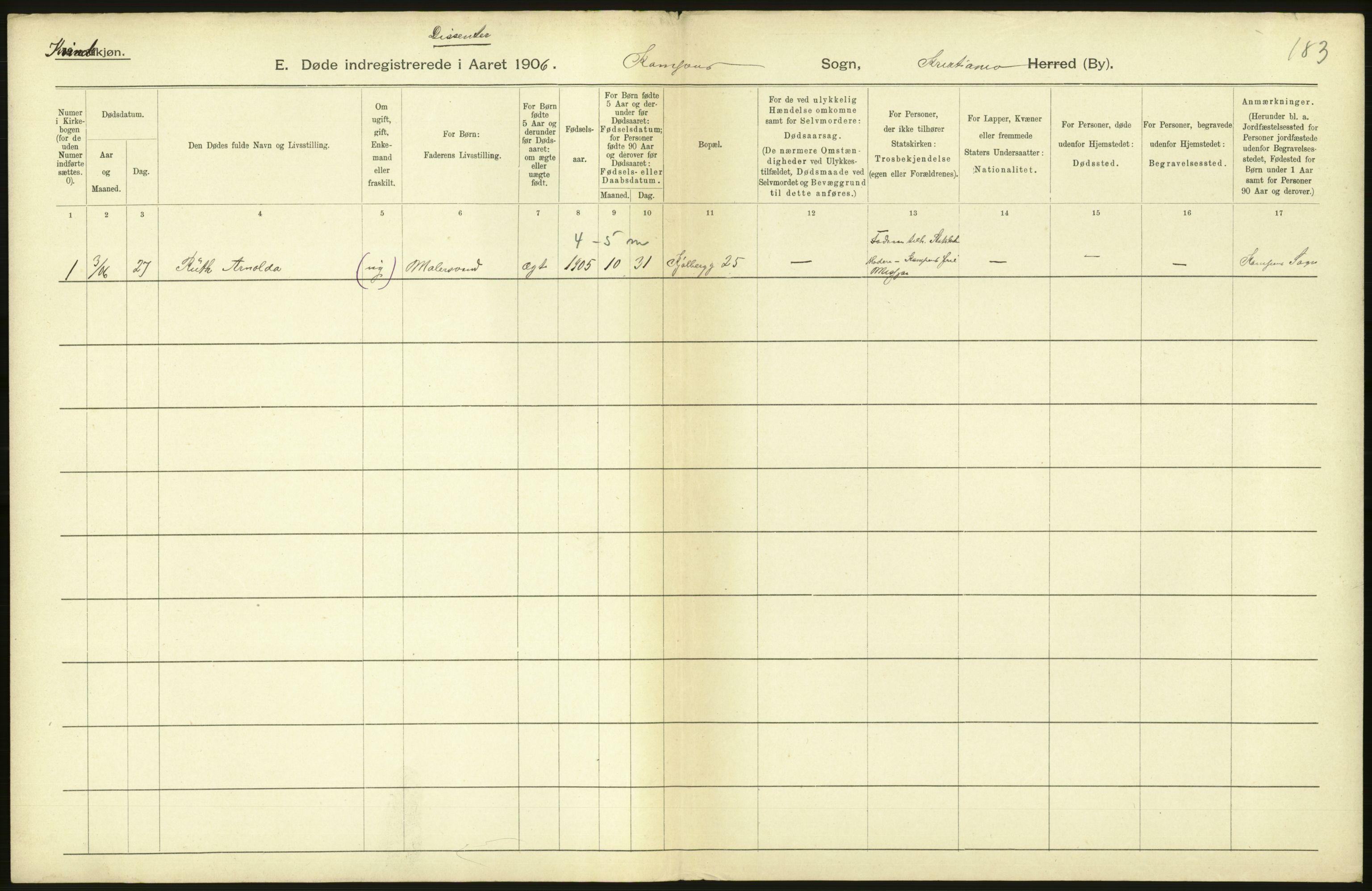 Statistisk sentralbyrå, Sosiodemografiske emner, Befolkning, RA/S-2228/D/Df/Dfa/Dfad/L0009: Kristiania: Døde, 1906, s. 118