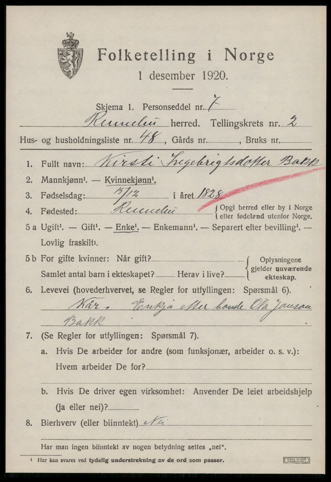 SAT, Folketelling 1920 for 1635 Rennebu herred, 1920, s. 1848