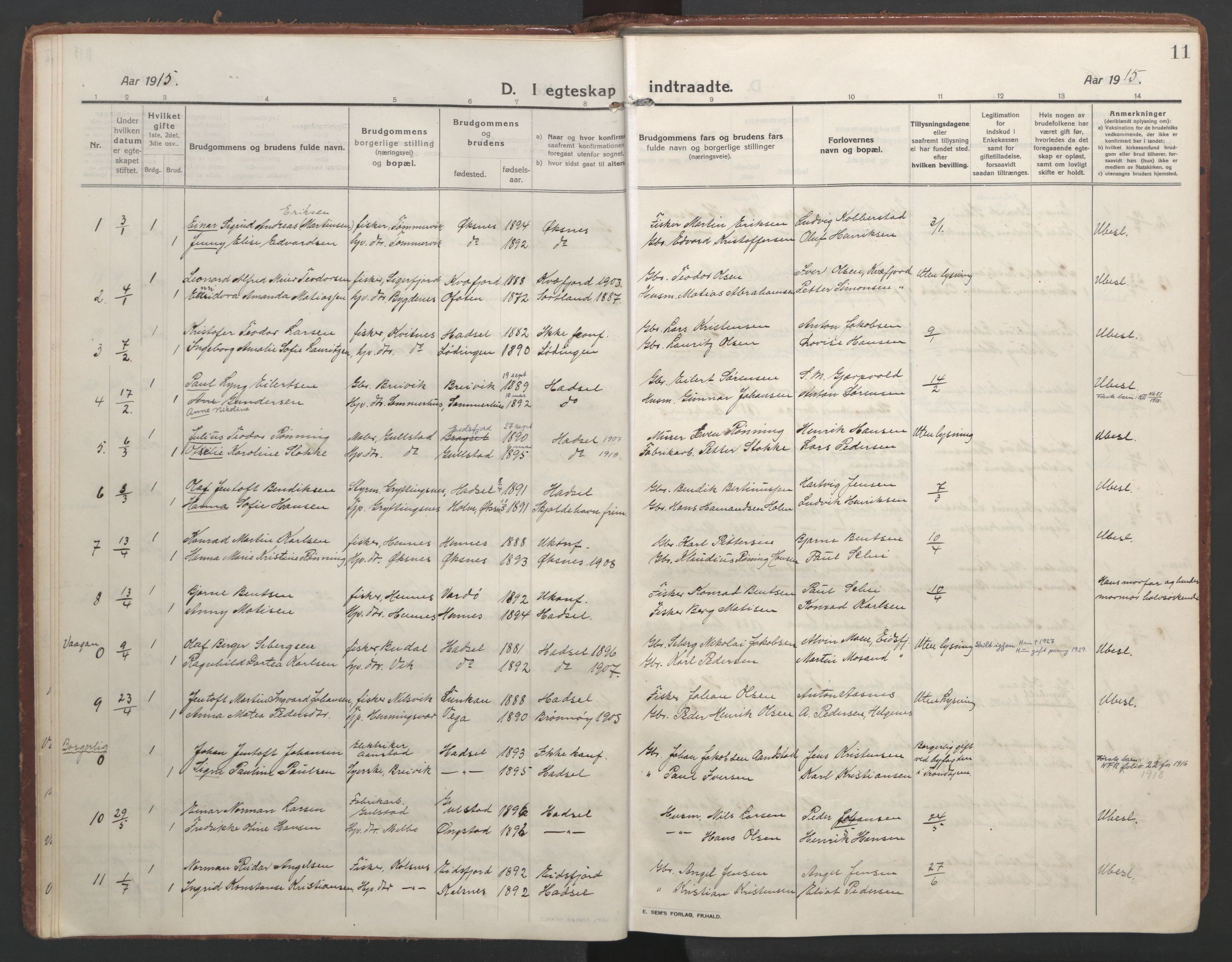Ministerialprotokoller, klokkerbøker og fødselsregistre - Nordland, AV/SAT-A-1459/888/L1251: Ministerialbok nr. 888A17, 1913-1925, s. 11