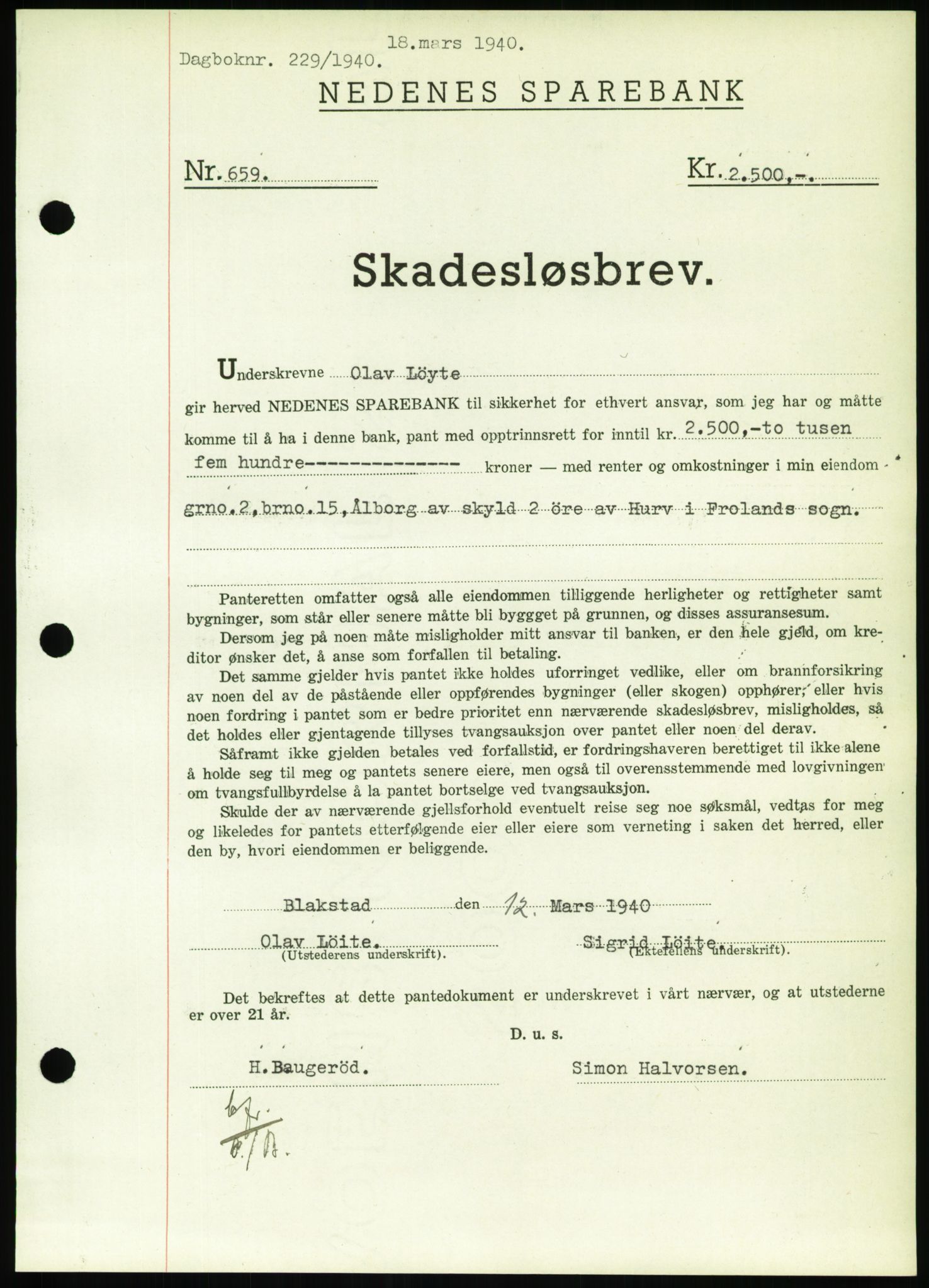 Nedenes sorenskriveri, SAK/1221-0006/G/Gb/Gbb/L0001: Pantebok nr. I, 1939-1942, Dagboknr: 229/1940