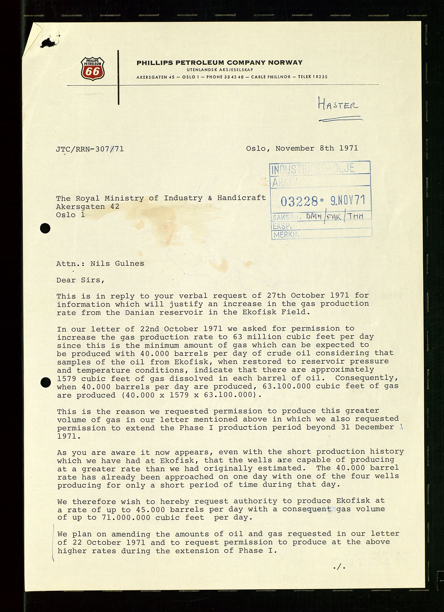 Industridepartementet, Oljekontoret, SAST/A-101348/Dc/L0003: Ekofisk prosjekt, utbygging av Ekofiskfeltet, diverse, 1970-1972