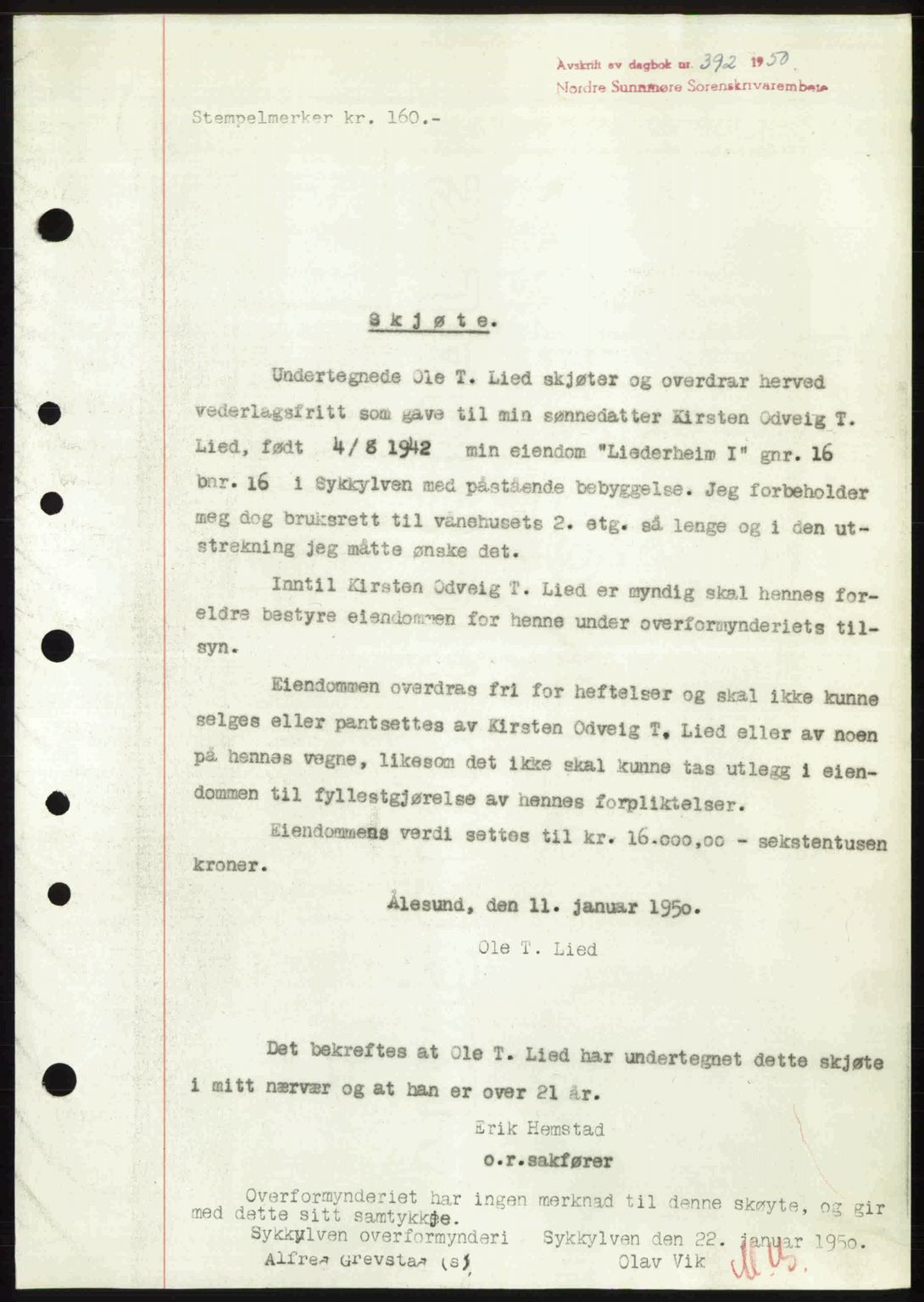 Nordre Sunnmøre sorenskriveri, SAT/A-0006/1/2/2C/2Ca: Pantebok nr. A33, 1949-1950, Dagboknr: 392/1950