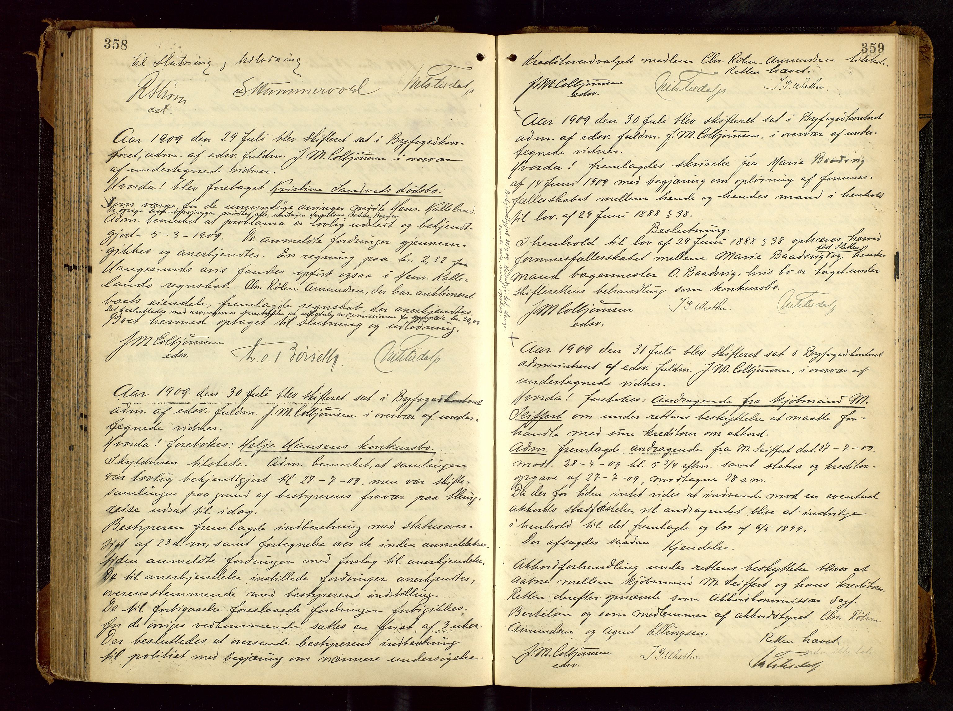 Haugesund tingrett, AV/SAST-A-101415/01/IV/IVC/L0001: Skifteforhandlingsprotokoll, med register, 1900-1912, s. 358-359