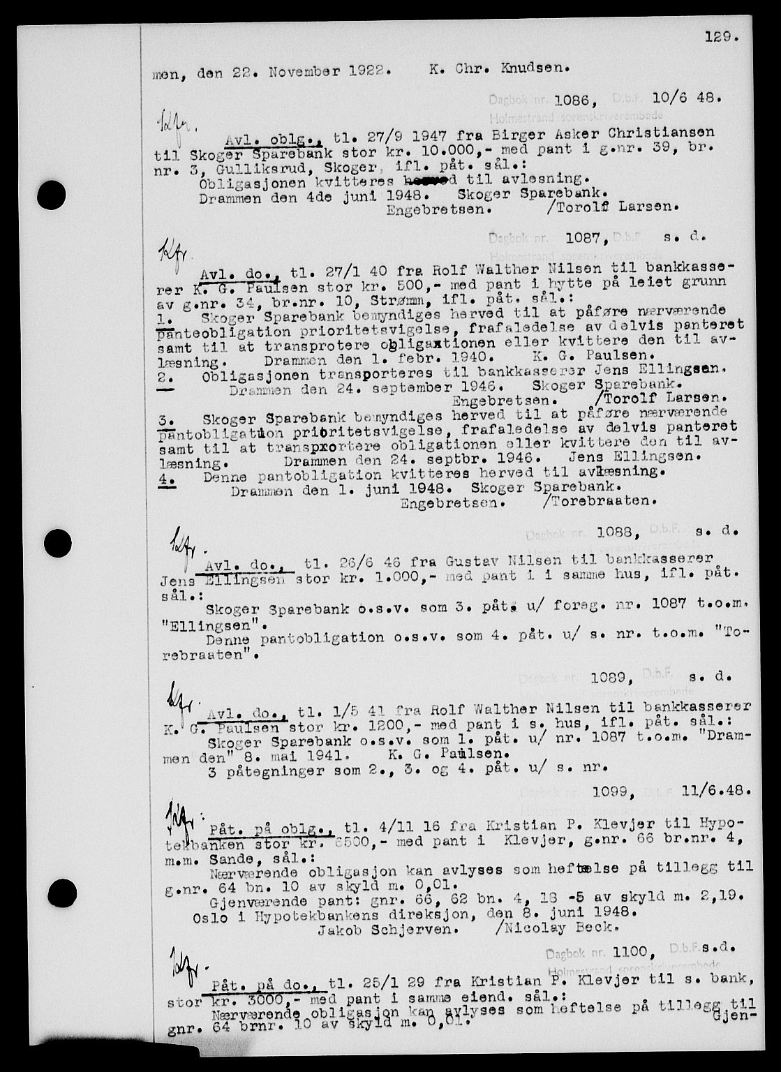 Holmestrand sorenskriveri, SAKO/A-67/G/Ga/Gab/L0058: Pantebok nr. B-58, 1947-1948, s. 129, Dagboknr: 1086/1948