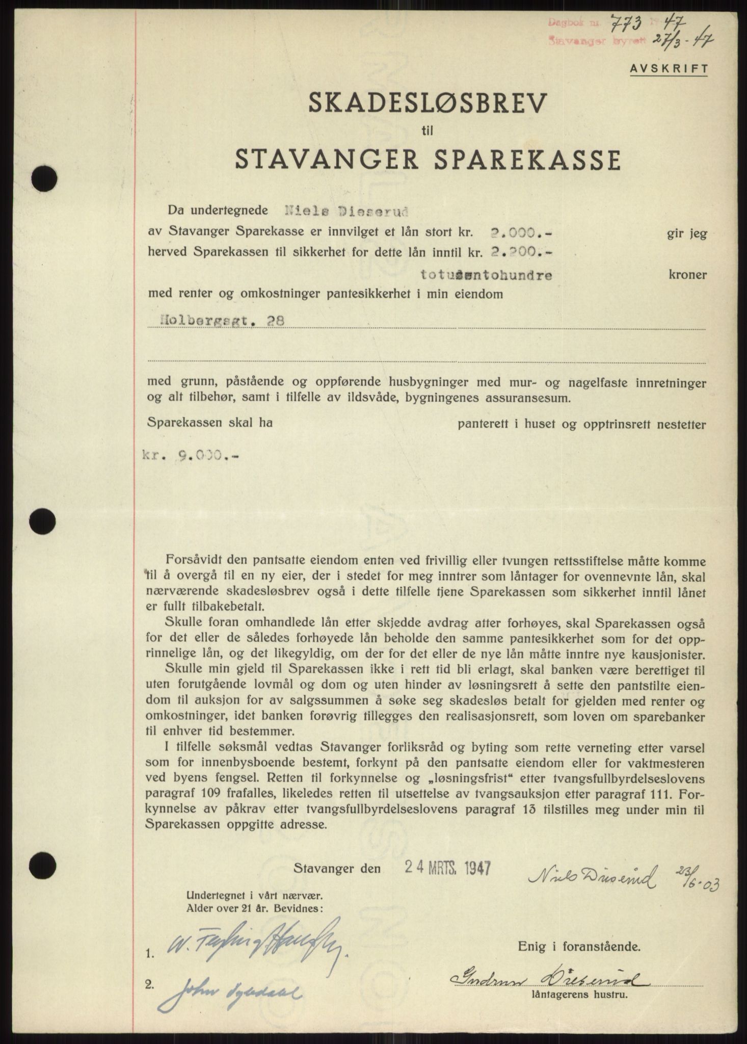 Stavanger byrett, SAST/A-100455/002/G/Gb/L0031: Pantebok, 1943-1947, Dagboknr: 773/1947
