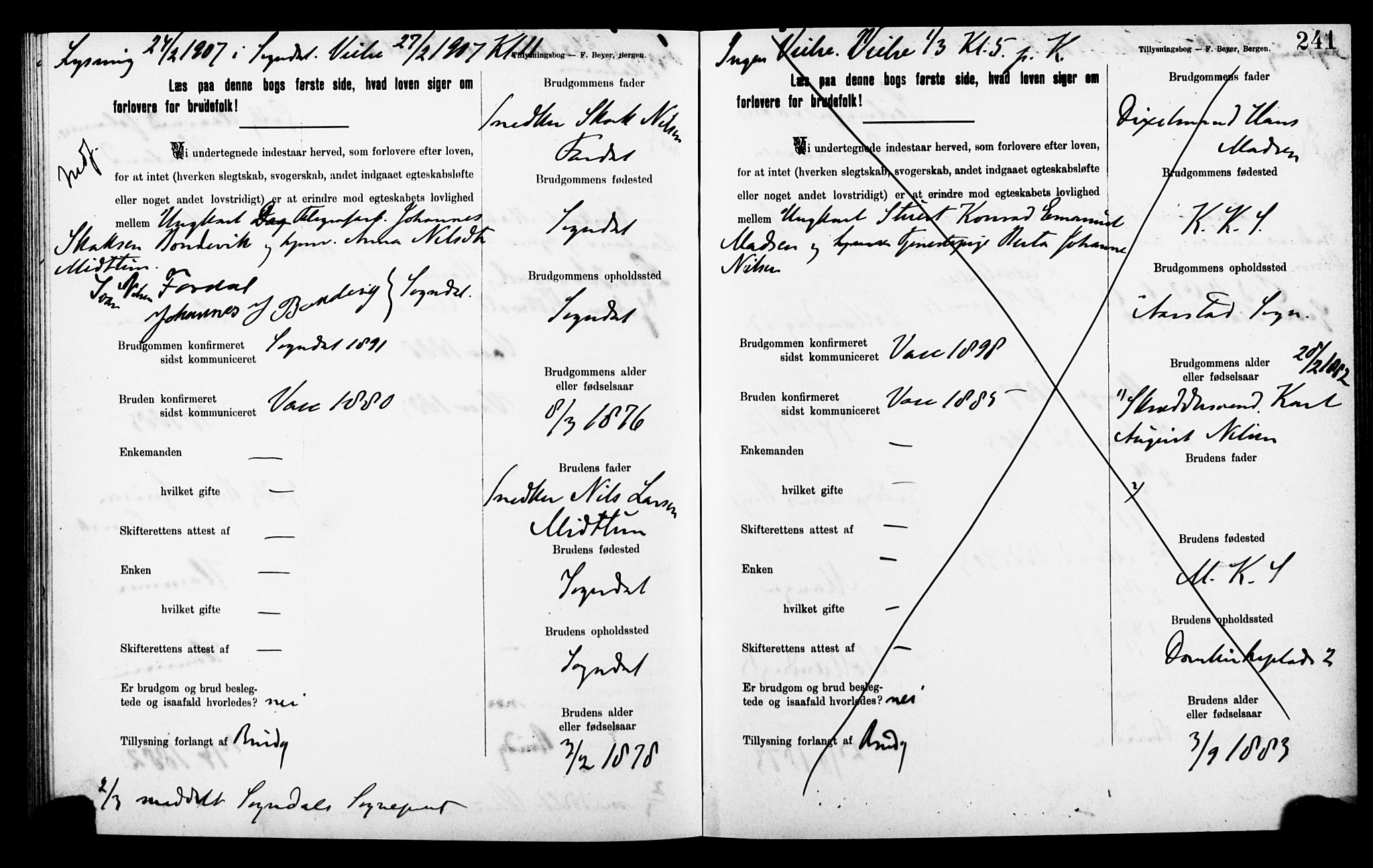 Korskirken sokneprestembete, AV/SAB-A-76101: Forlovererklæringer nr. II.5.8, 1903-1908, s. 241