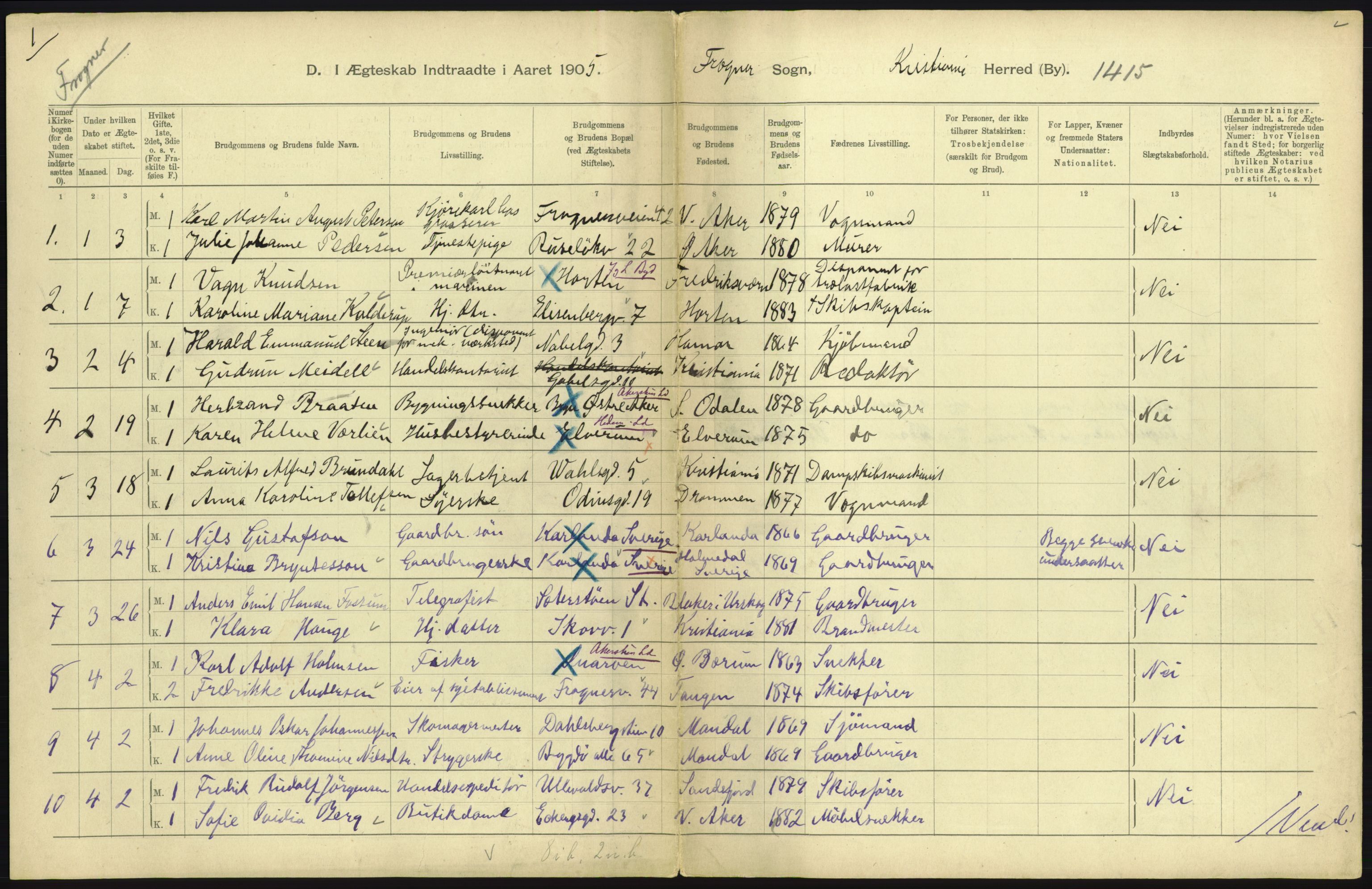 Statistisk sentralbyrå, Sosiodemografiske emner, Befolkning, RA/S-2228/D/Df/Dfa/Dfac/L0007b: Kristiania: Gifte, 1905, s. 39