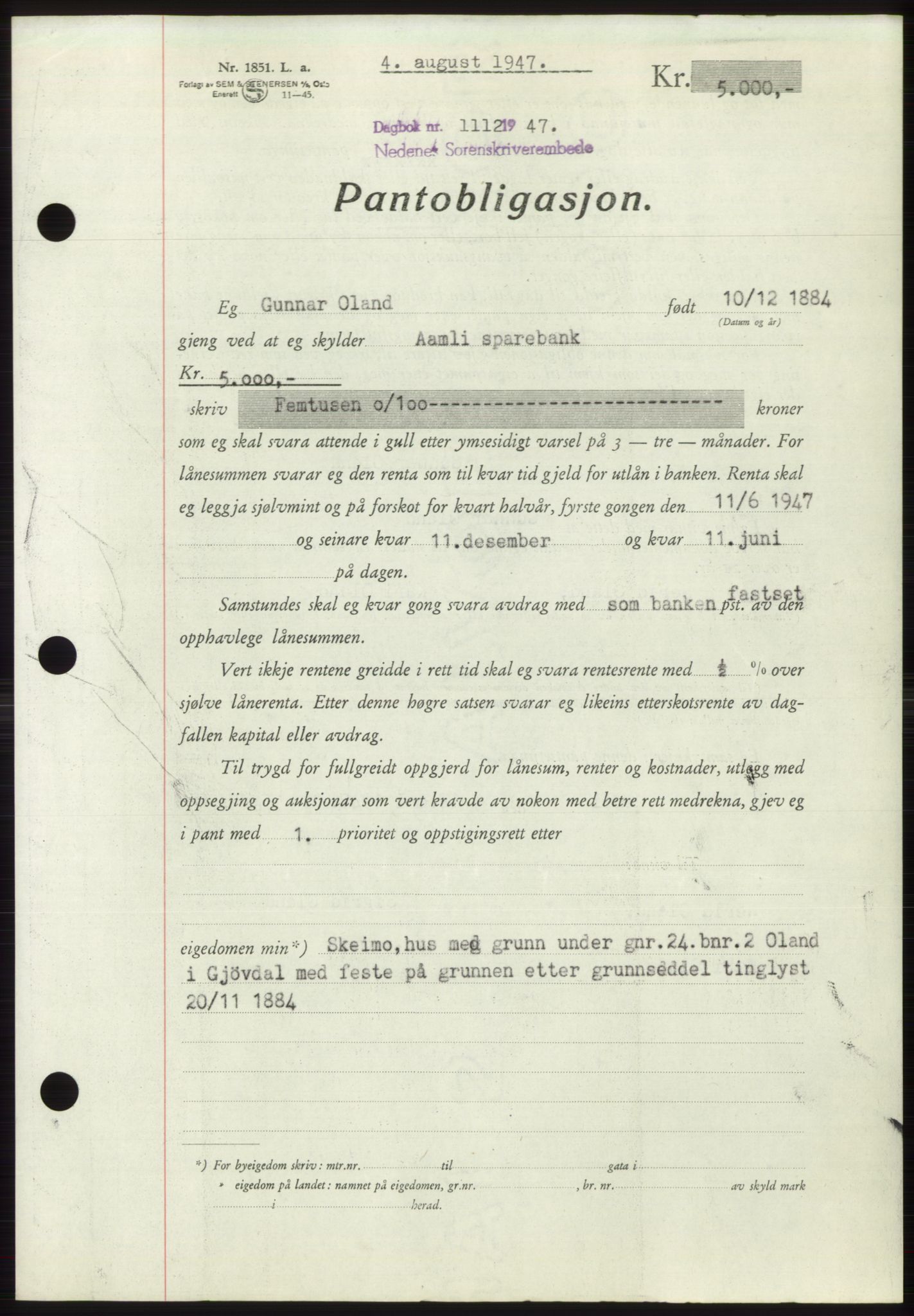 Nedenes sorenskriveri, AV/SAK-1221-0006/G/Gb/Gbb/L0004: Pantebok nr. B4, 1947-1947, Dagboknr: 1112/1947