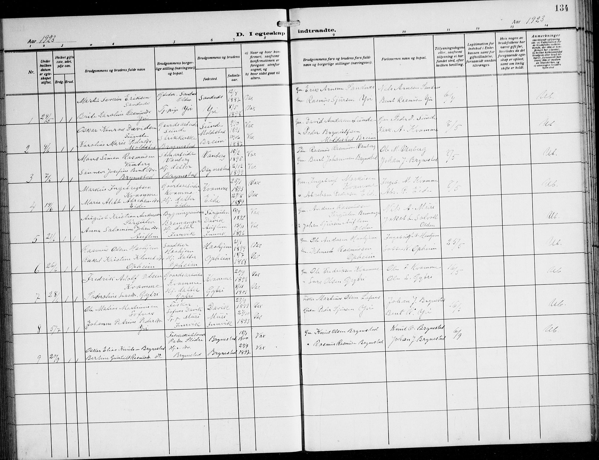 Innvik sokneprestembete, SAB/A-80501: Klokkerbok nr. B 5, 1915-1943, s. 134