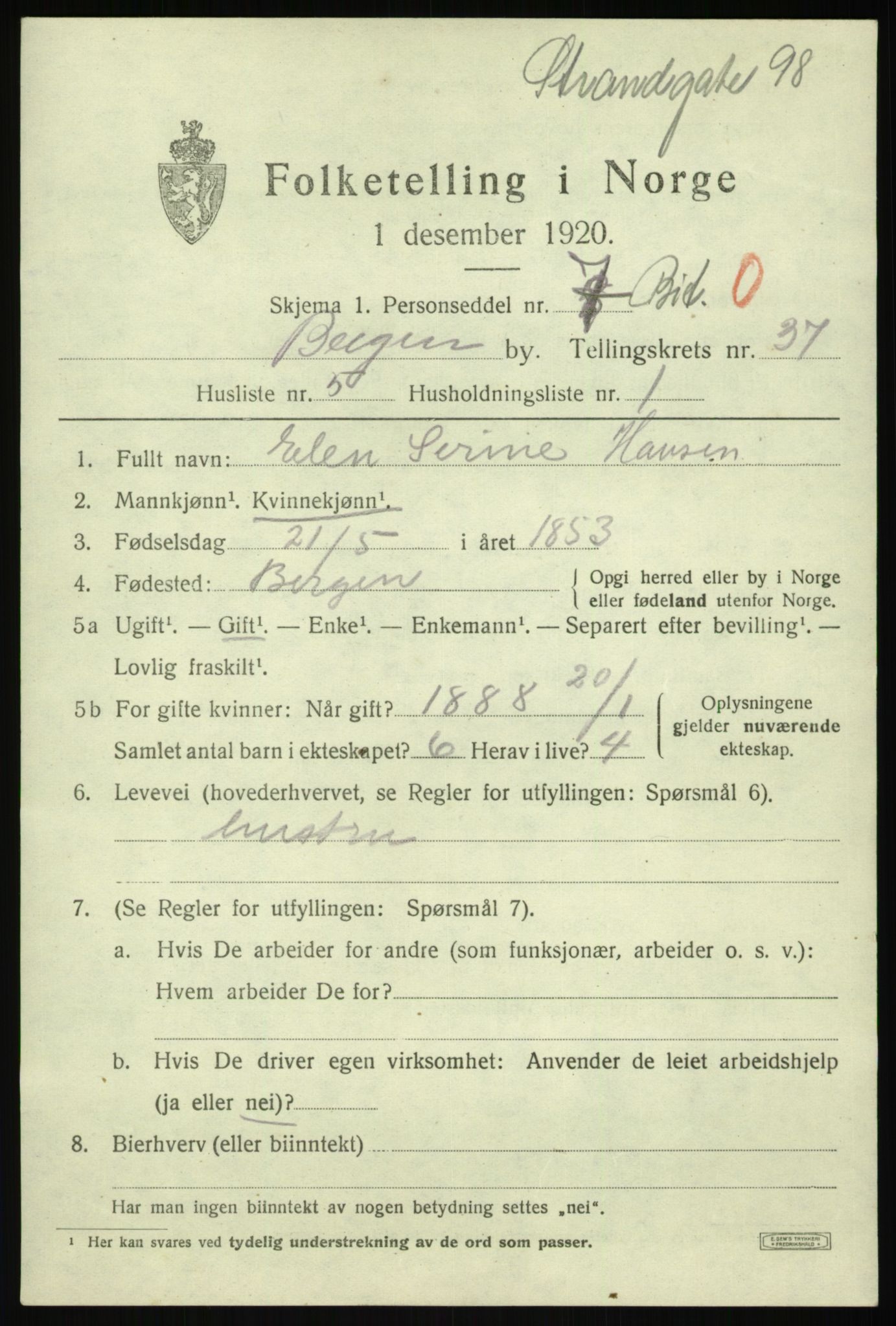 SAB, Folketelling 1920 for 1301 Bergen kjøpstad, 1920, s. 104120