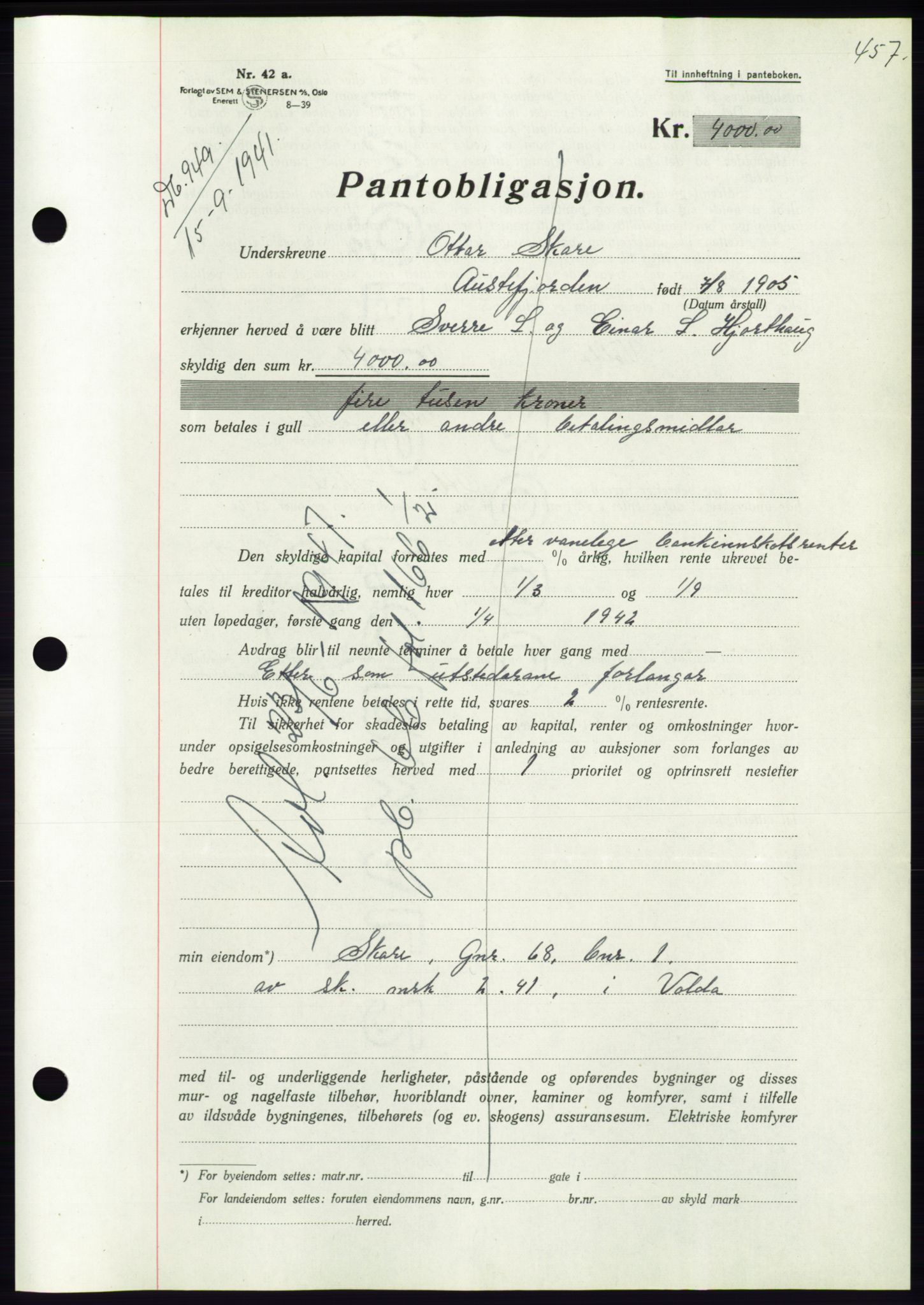 Søre Sunnmøre sorenskriveri, AV/SAT-A-4122/1/2/2C/L0071: Pantebok nr. 65, 1941-1941, Dagboknr: 949/1941