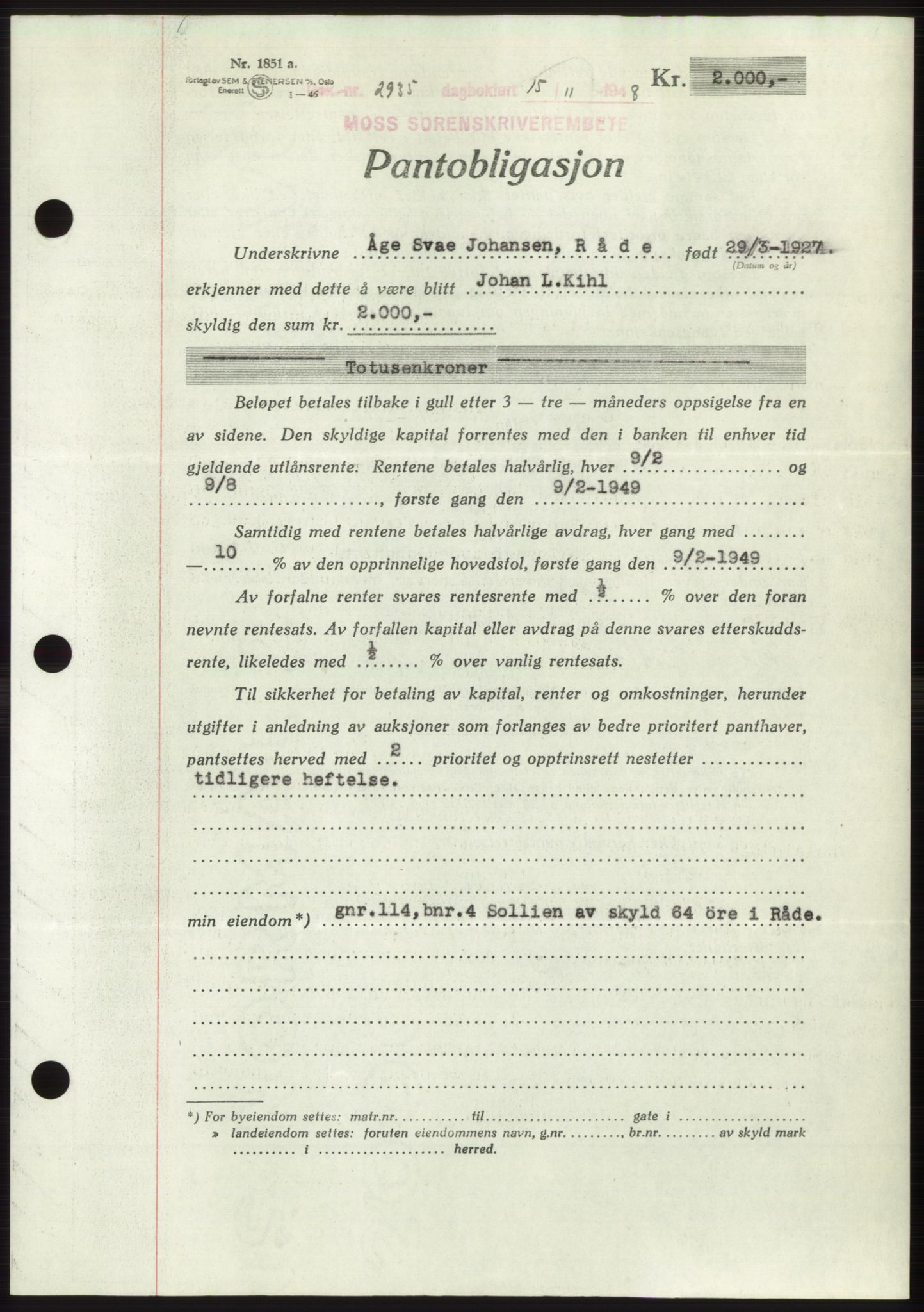Moss sorenskriveri, AV/SAO-A-10168: Pantebok nr. B20, 1948-1948, Dagboknr: 2935/1948