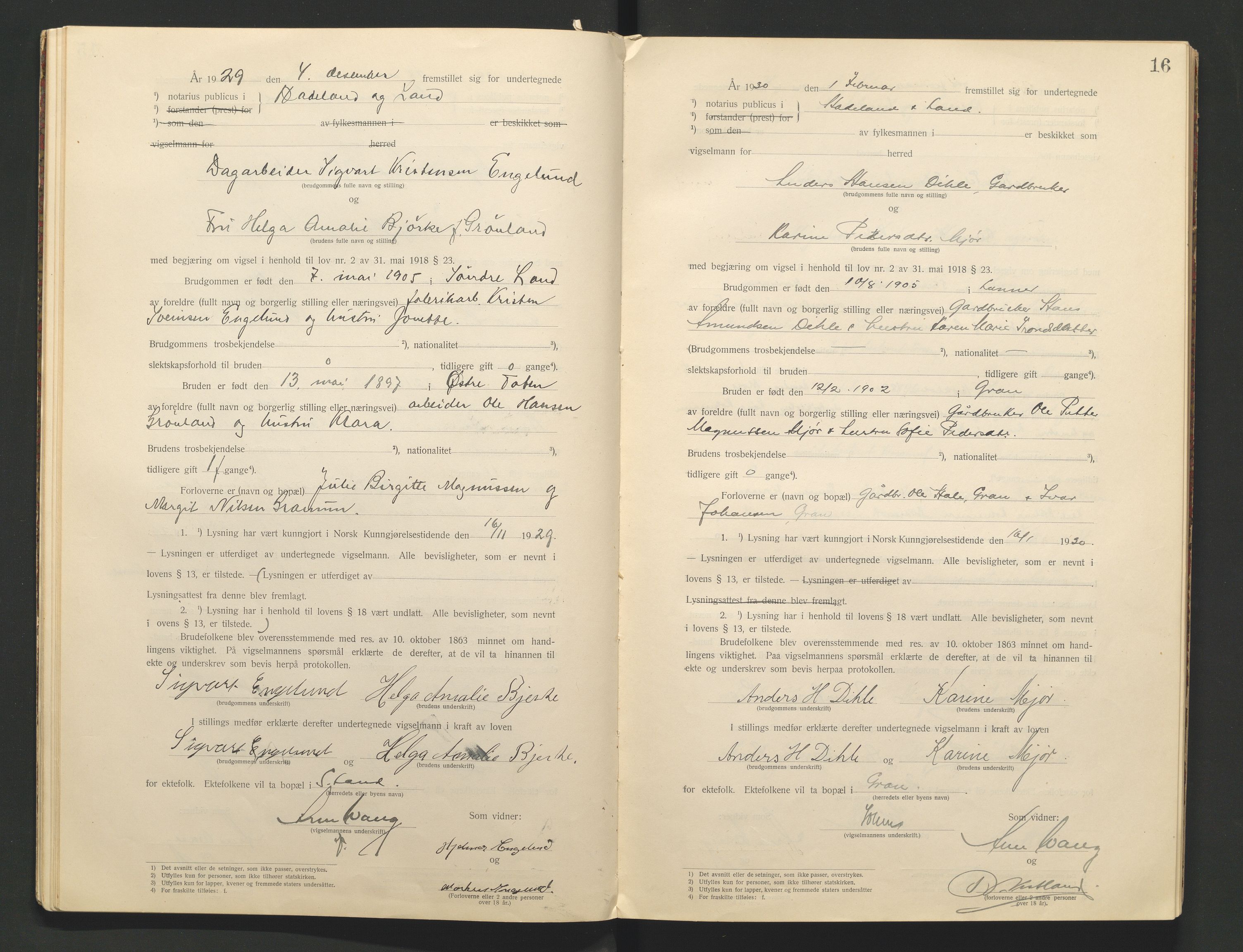 Hadeland og Land tingrett, AV/SAH-TING-010/L/Lb/L0001: Vigselbok, 1920-1943, s. 16