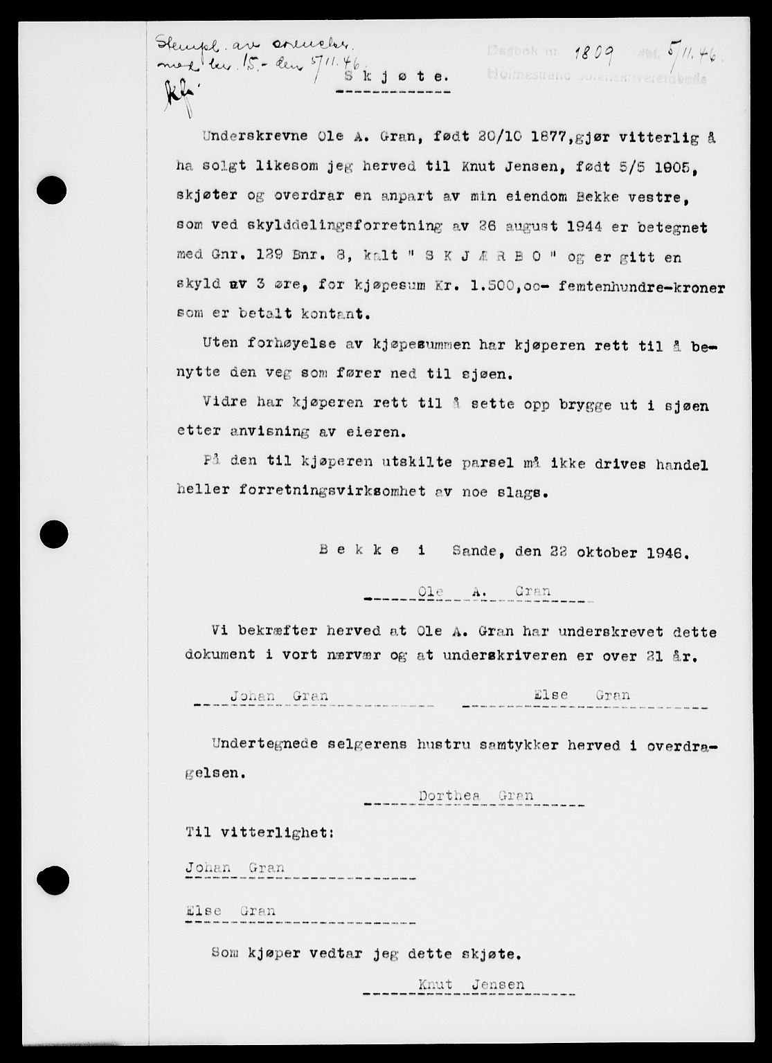 Holmestrand sorenskriveri, SAKO/A-67/G/Ga/Gaa/L0061: Pantebok nr. A-61, 1946-1947, Dagboknr: 1809/1946