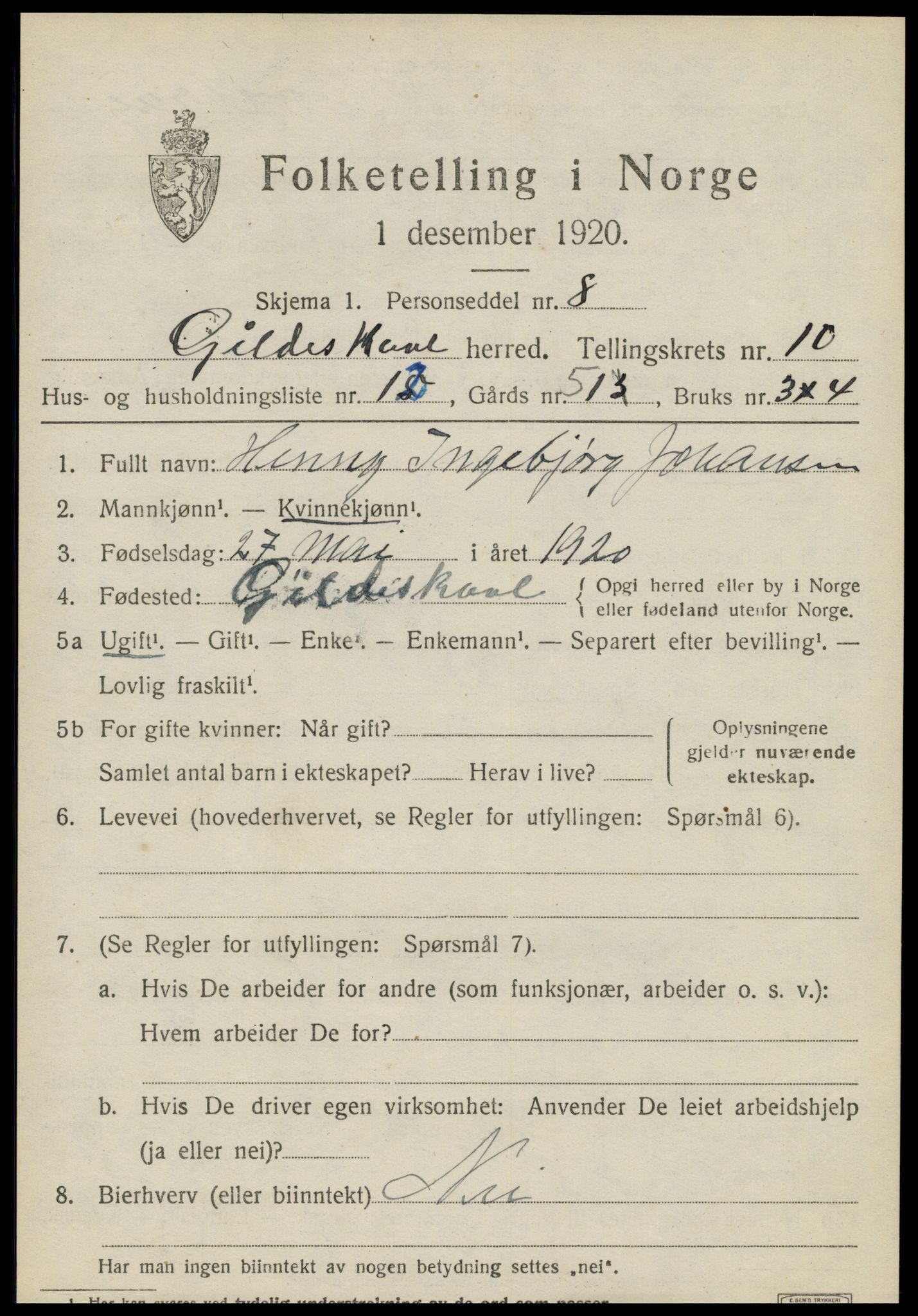 SAT, Folketelling 1920 for 1838 Gildeskål herred, 1920, s. 6208
