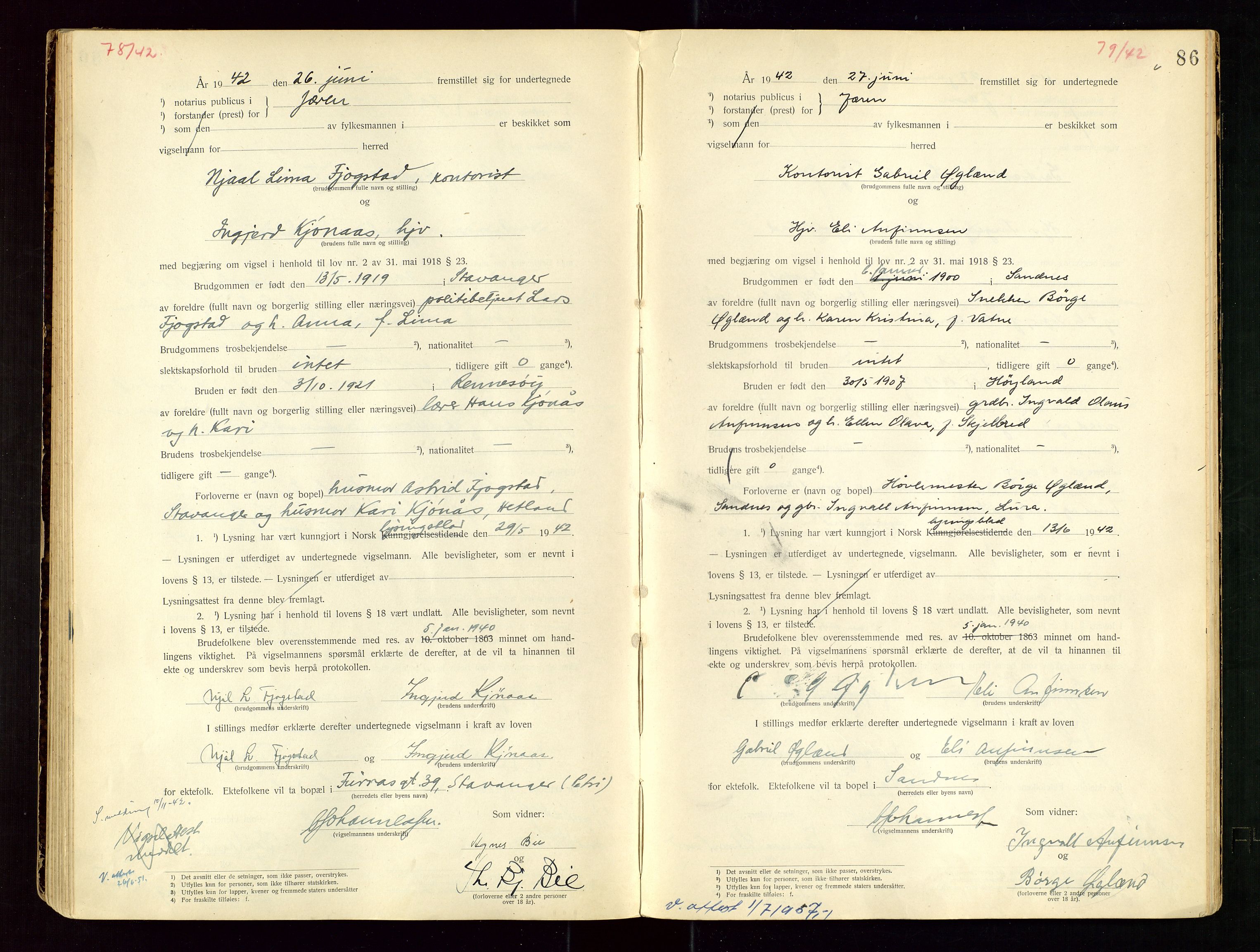 Jæren sorenskriveri, AV/SAST-A-100310/01/6/62/62BA/L0002: VIGSELSPROTOKOLL, 1937-1942, s. 86