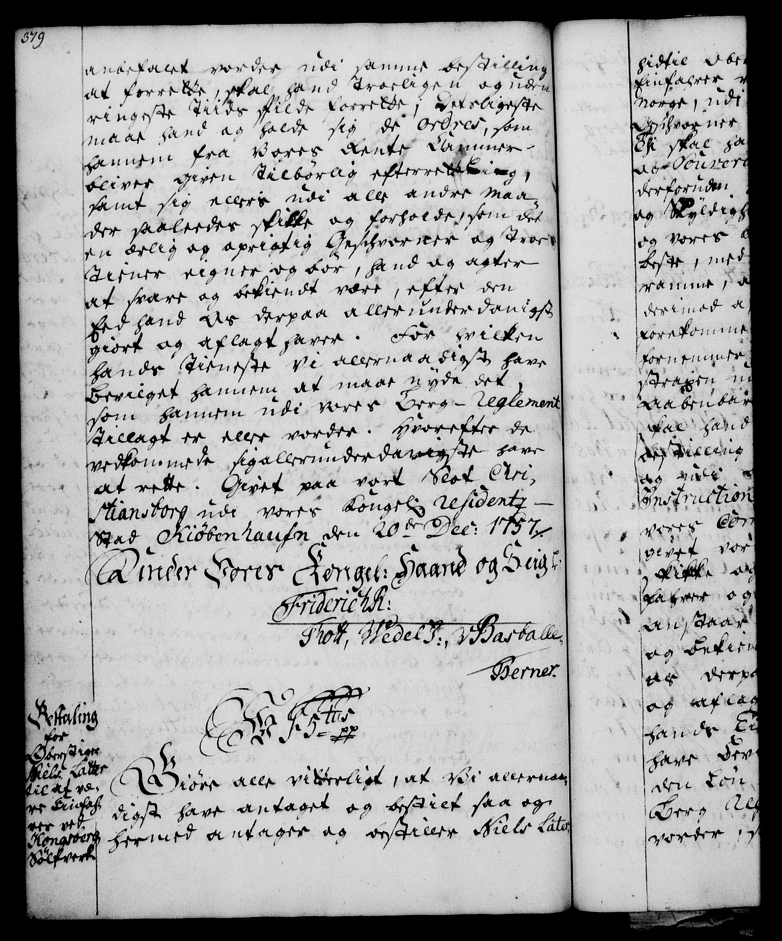 Rentekammeret, Kammerkanselliet, RA/EA-3111/G/Gg/Gge/L0003: Norsk bestallingsprotokoll med register (merket RK 53.27), 1745-1761, s. 379