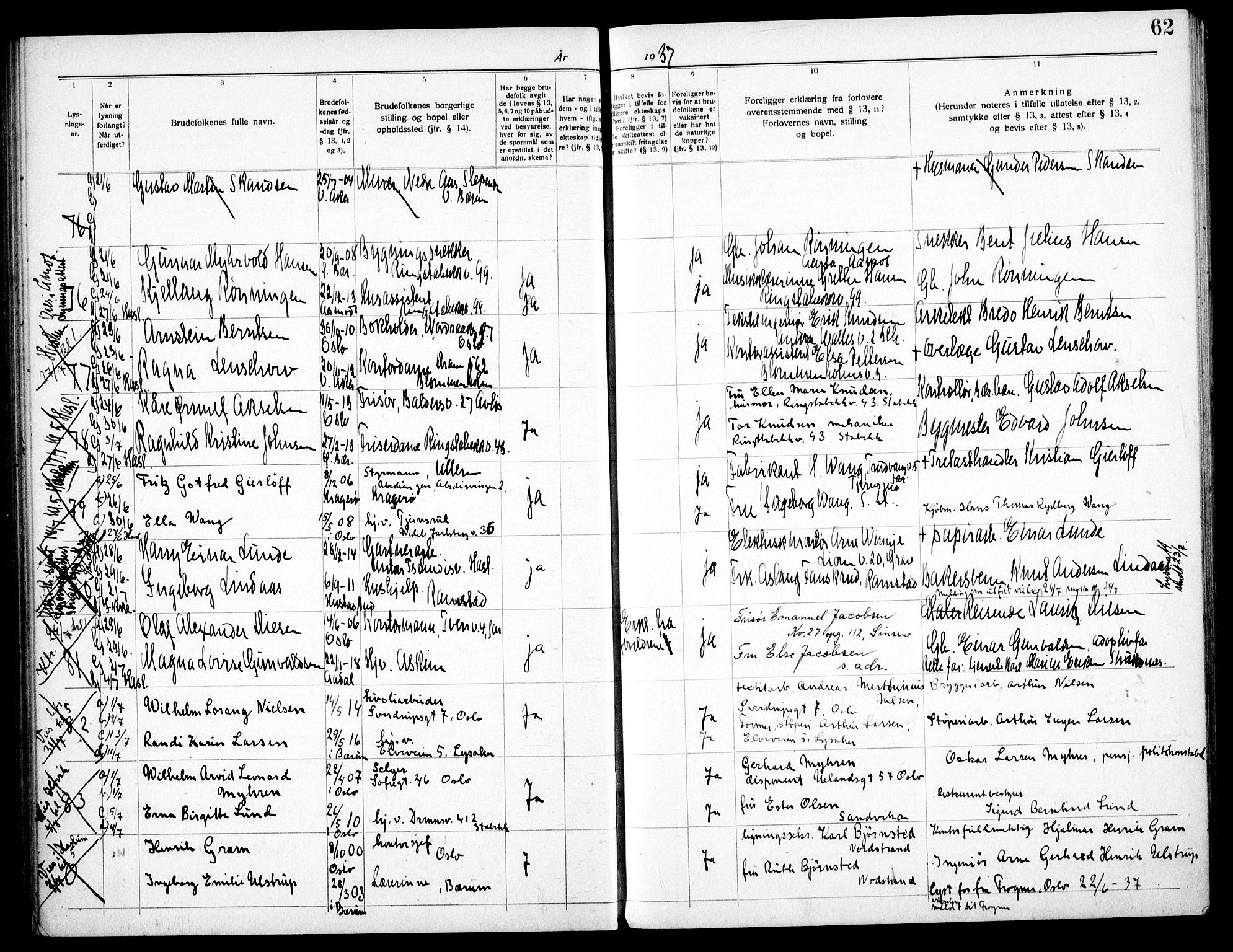 Østre Bærum prestekontor Kirkebøker, AV/SAO-A-10887/H/Ha/L0002: Lysningsprotokoll nr. 2, 1932-1939, s. 62