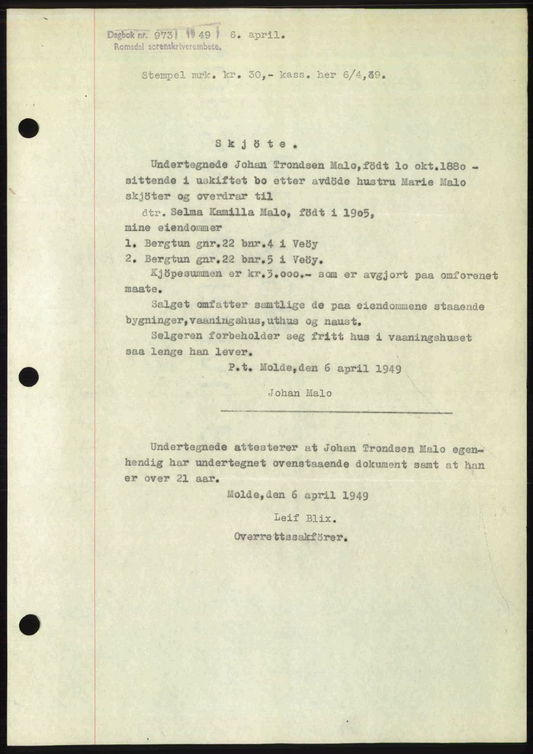 Romsdal sorenskriveri, SAT/A-4149/1/2/2C: Pantebok nr. A29, 1949-1949, Dagboknr: 973/1949