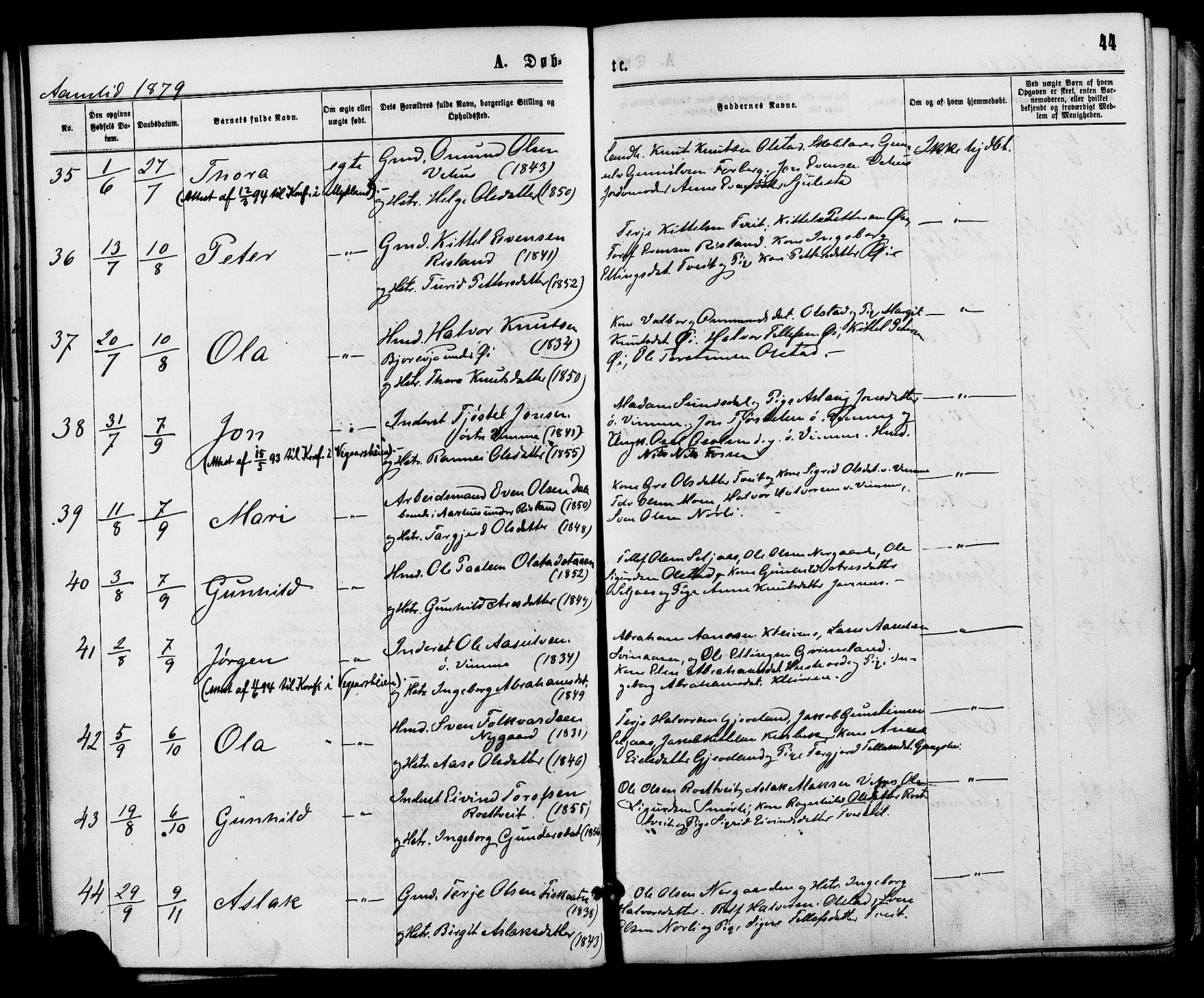 Åmli sokneprestkontor, AV/SAK-1111-0050/F/Fa/Fac/L0009: Ministerialbok nr. A 9 /1, 1869-1884, s. 44