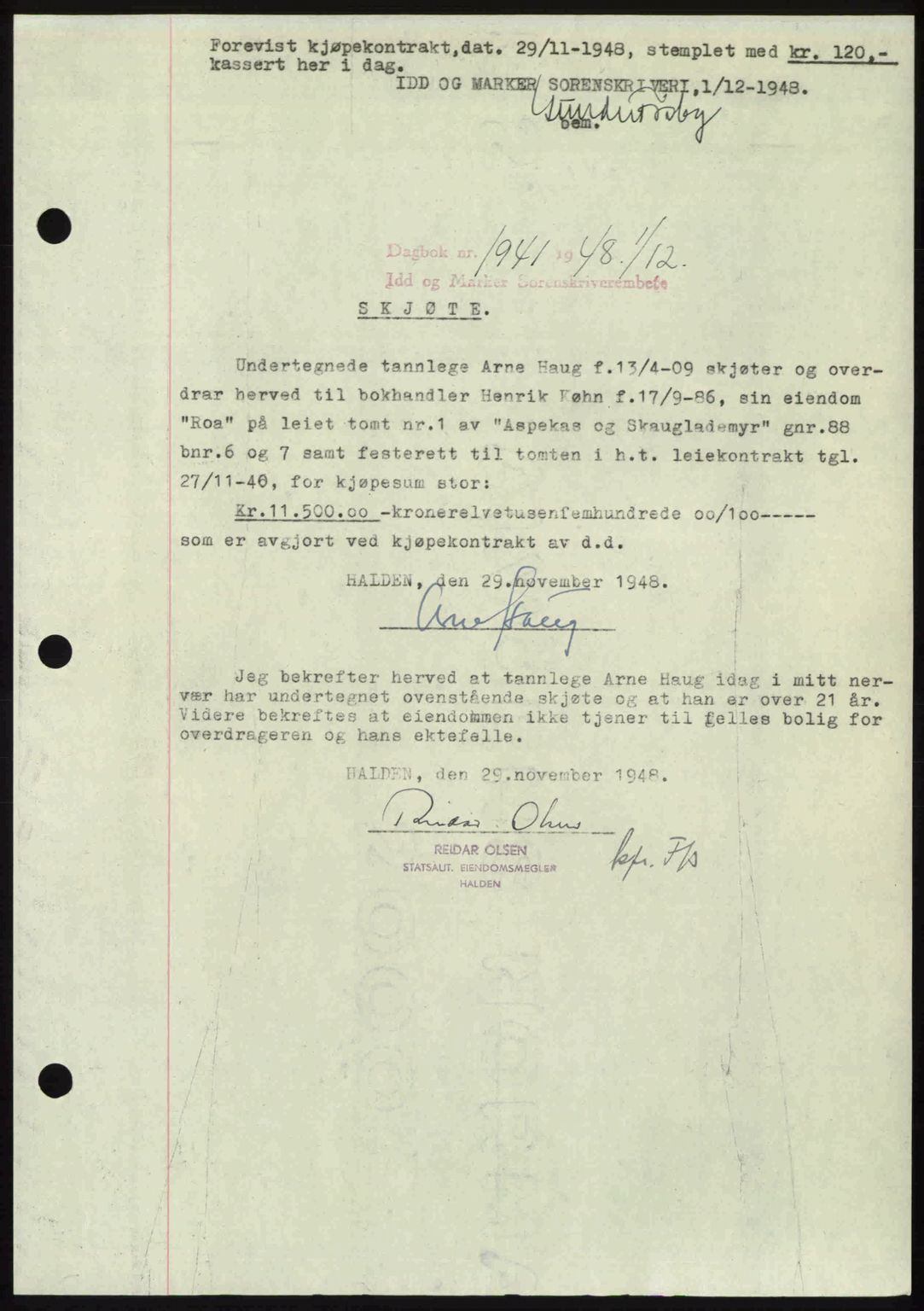 Idd og Marker sorenskriveri, SAO/A-10283/G/Gb/Gbb/L0011: Pantebok nr. A11, 1948-1949, Dagboknr: 1941/1948