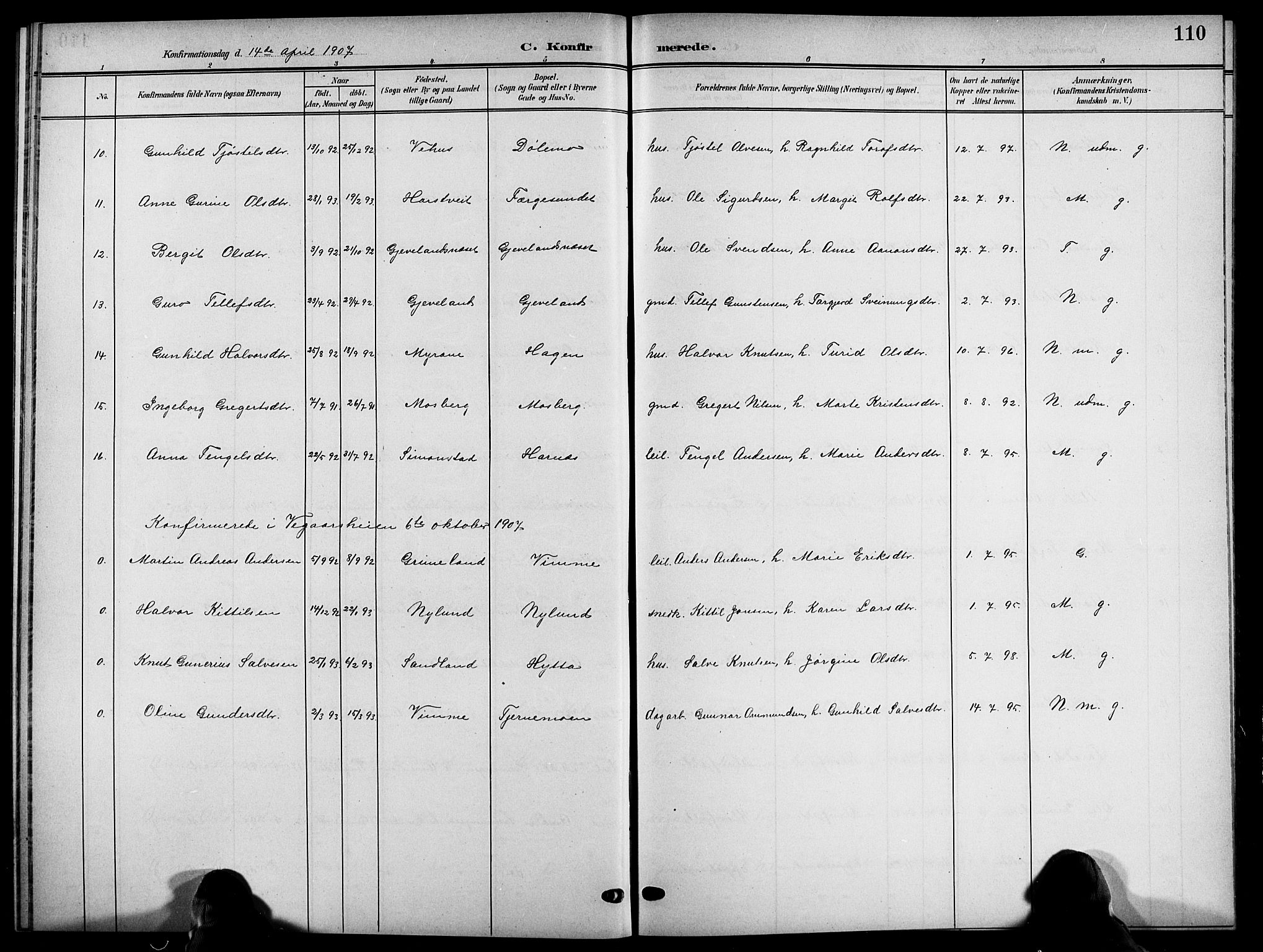 Åmli sokneprestkontor, AV/SAK-1111-0050/F/Fb/Fbc/L0005: Klokkerbok nr. B 5, 1903-1916, s. 110
