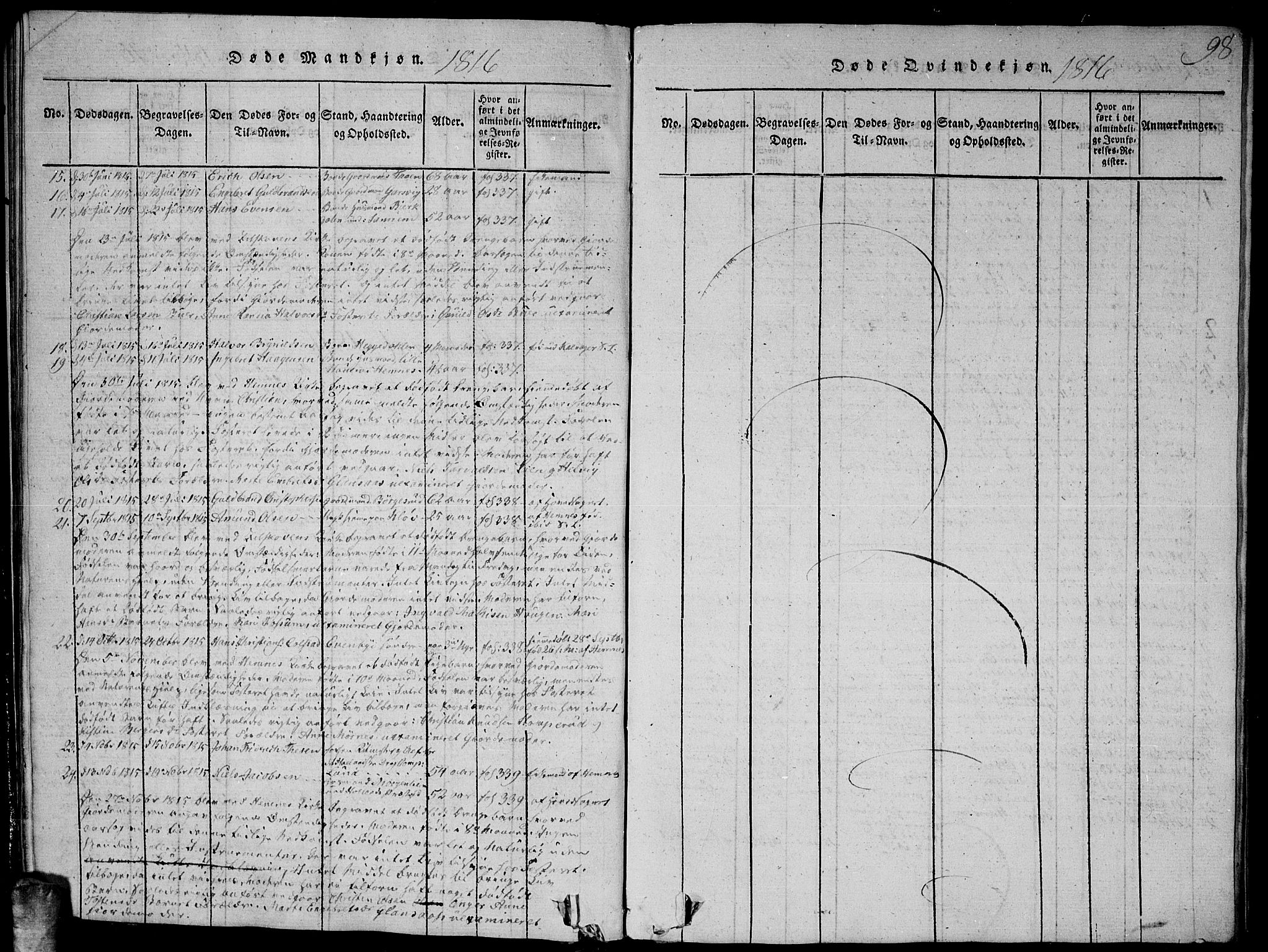 Høland prestekontor Kirkebøker, SAO/A-10346a/G/Ga/L0001: Klokkerbok nr. I 1, 1814-1827, s. 98