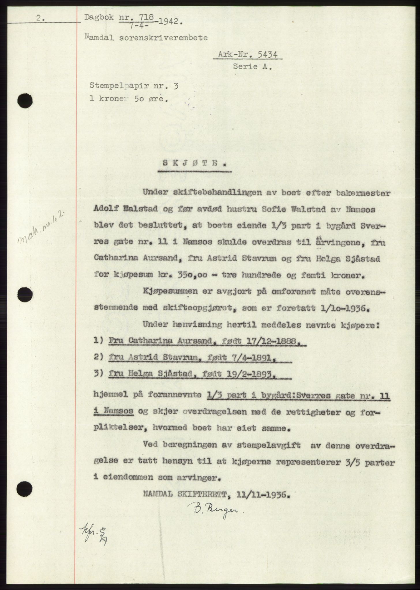 Namdal sorenskriveri, SAT/A-4133/1/2/2C: Pantebok nr. -, 1941-1942, Dagboknr: 718/1942