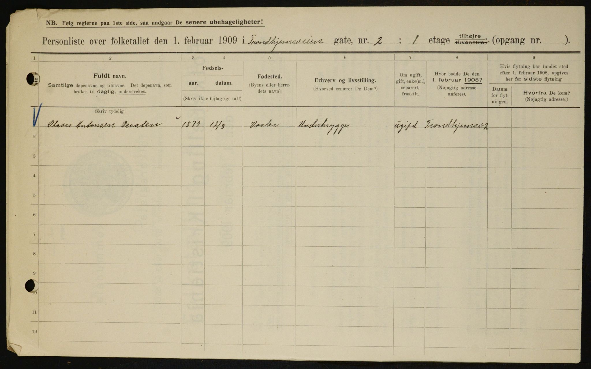 OBA, Kommunal folketelling 1.2.1909 for Kristiania kjøpstad, 1909, s. 105200