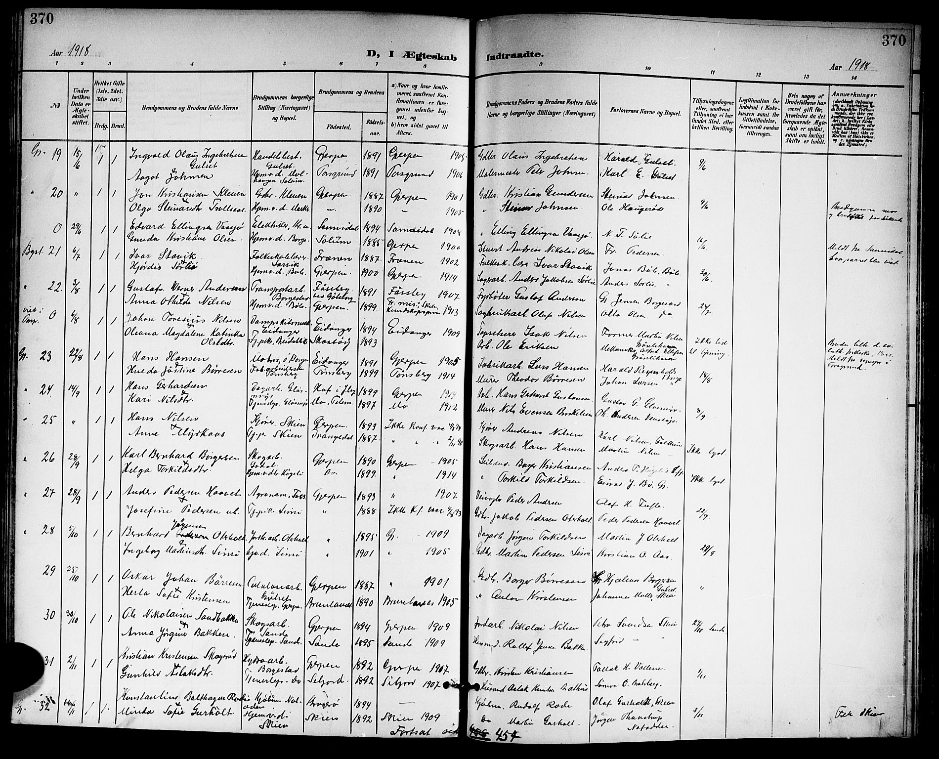 Gjerpen kirkebøker, AV/SAKO-A-265/G/Ga/L0003: Klokkerbok nr. I 3, 1901-1919, s. 370