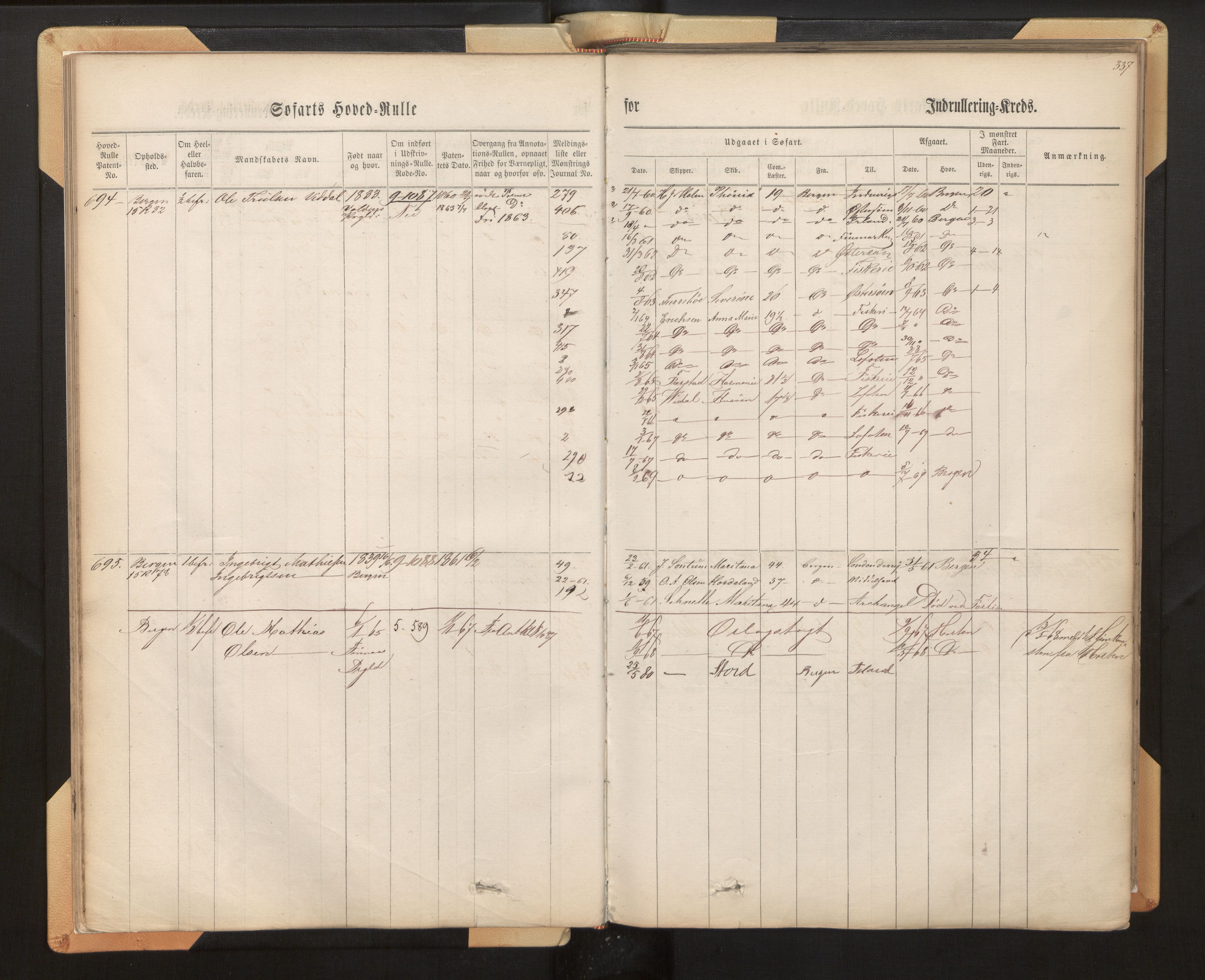 Innrulleringssjefen i Bergen, SAB/A-100050/F/Fh/L0008: Sjøfarts-hovedrulle for Bergen krets, fol. 316 - 636, 1860-1865, s. 337