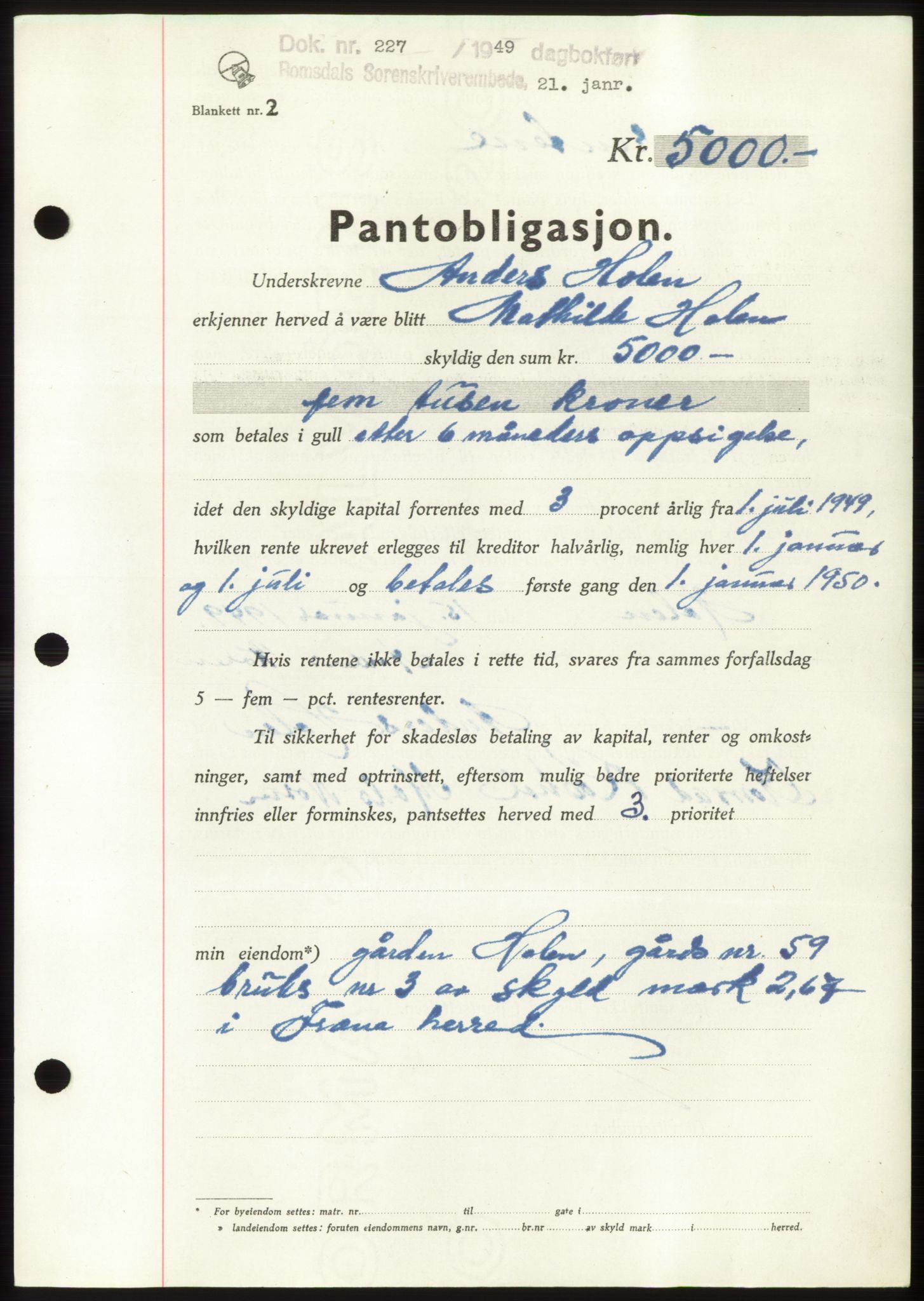 Romsdal sorenskriveri, SAT/A-4149/1/2/2C: Pantebok nr. B4, 1948-1949, Dagboknr: 227/1949