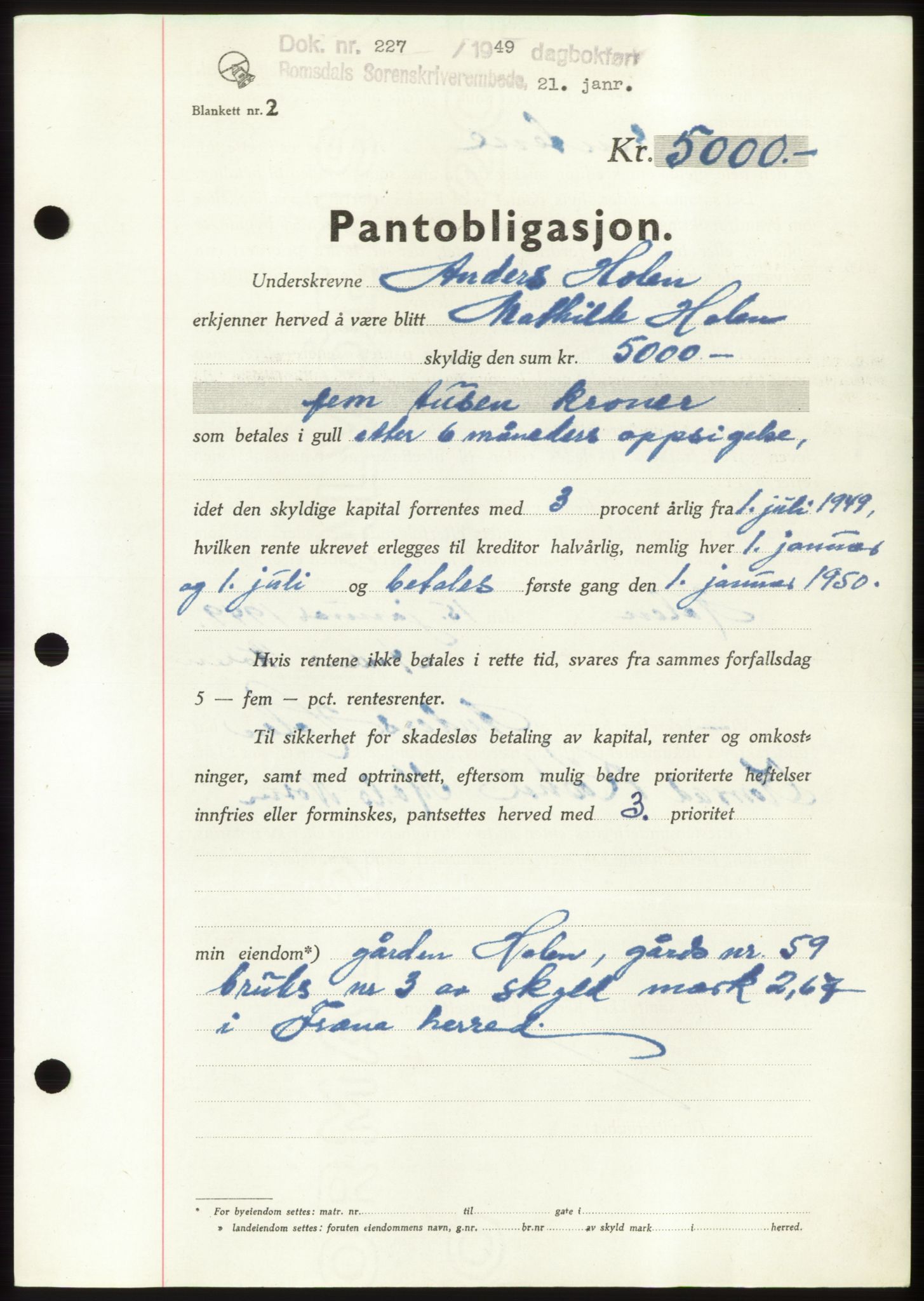 Romsdal sorenskriveri, AV/SAT-A-4149/1/2/2C: Pantebok nr. B4, 1948-1949, Dagboknr: 227/1949