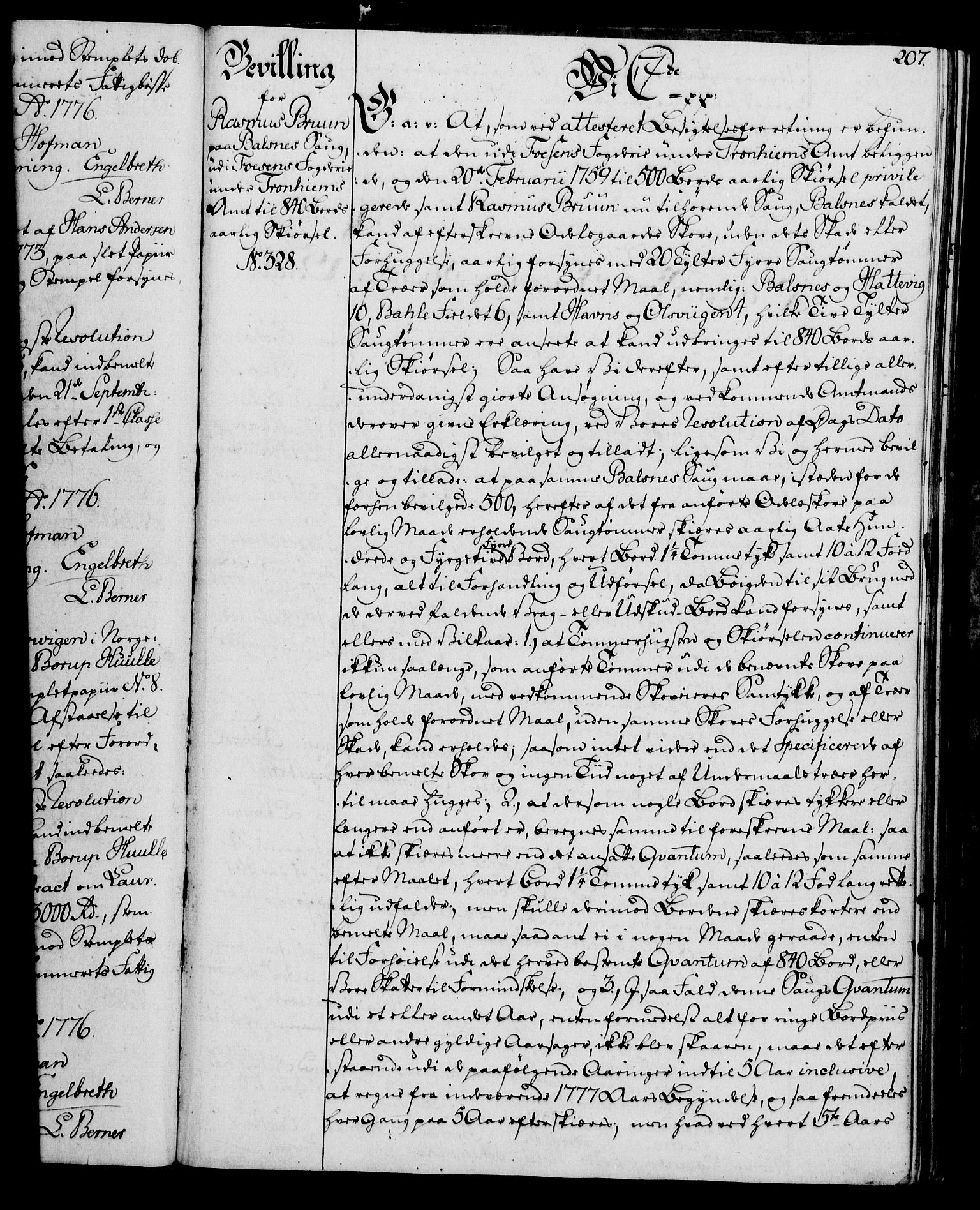 Rentekammeret, Kammerkanselliet, RA/EA-3111/G/Gg/Gga/L0010: Norsk ekspedisjonsprotokoll med register (merket RK 53.10), 1773-1778, s. 207