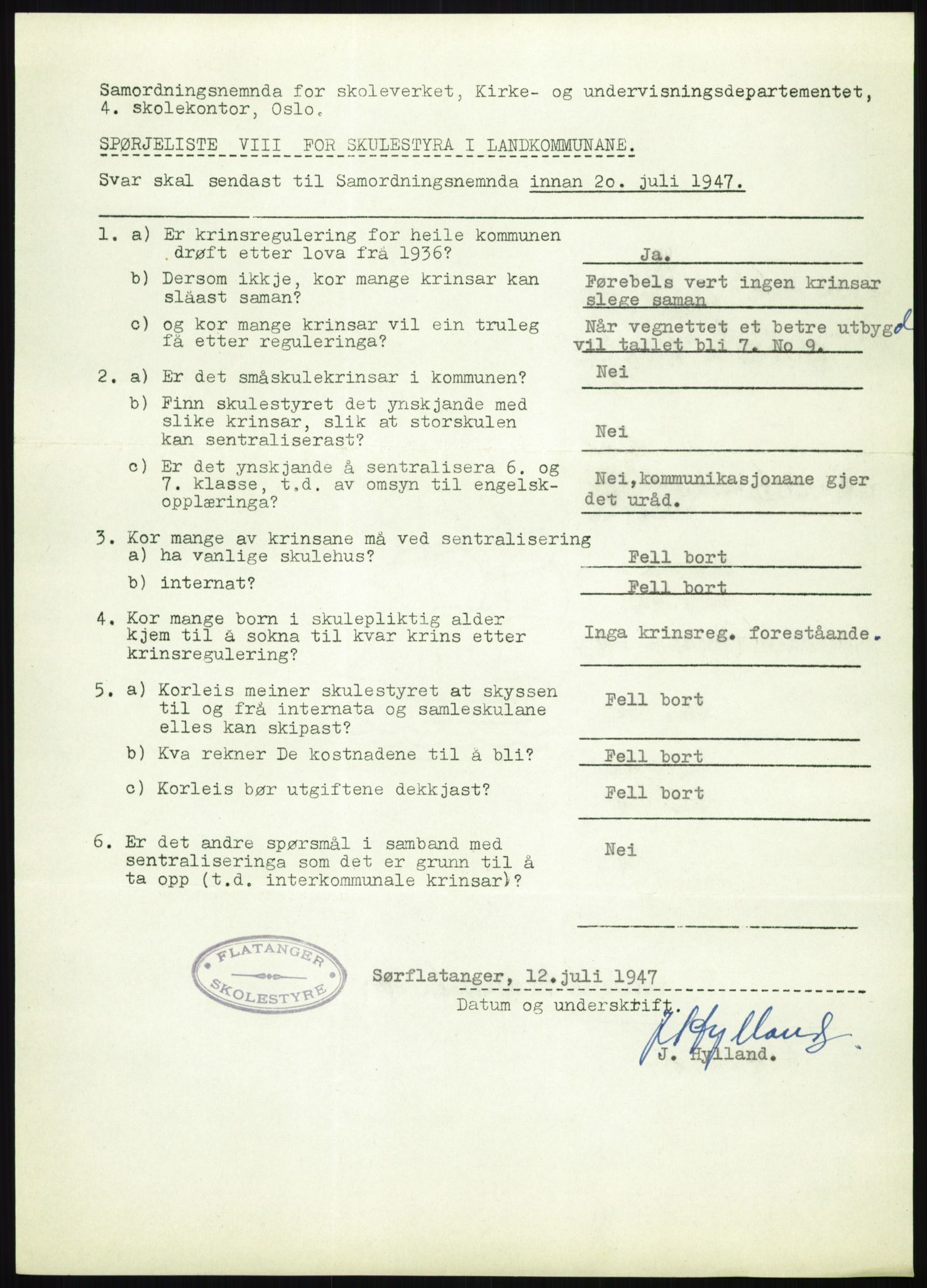 Kirke- og undervisningsdepartementet, Samordningsnemnda for skoleverket, AV/RA-S-1146/D/L0008: Svar på spørreskjema fra kommuner i Nord-Trøndelag, Nordland, Troms og Finnmark, 1947, s. 245